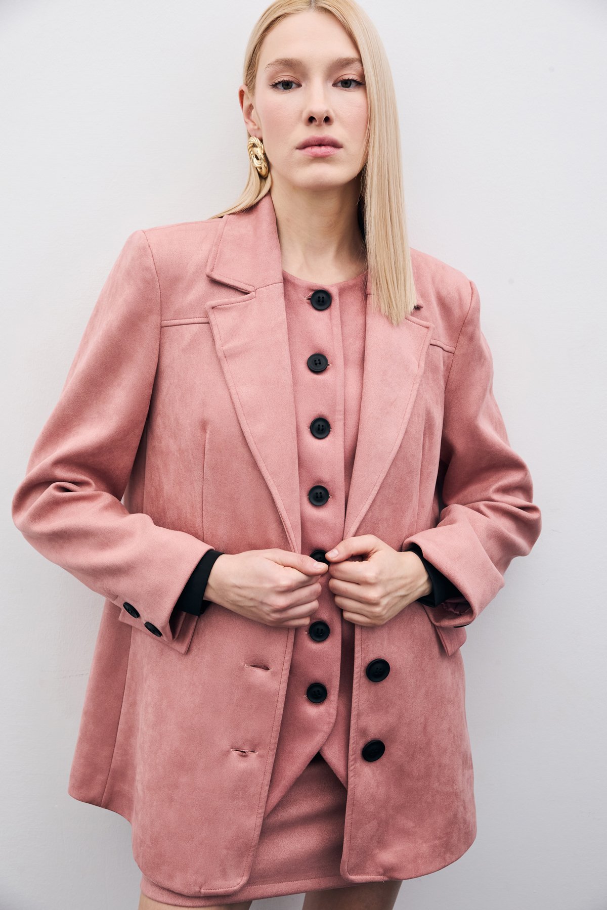 Düğmeli Süet Ceket - Pudra