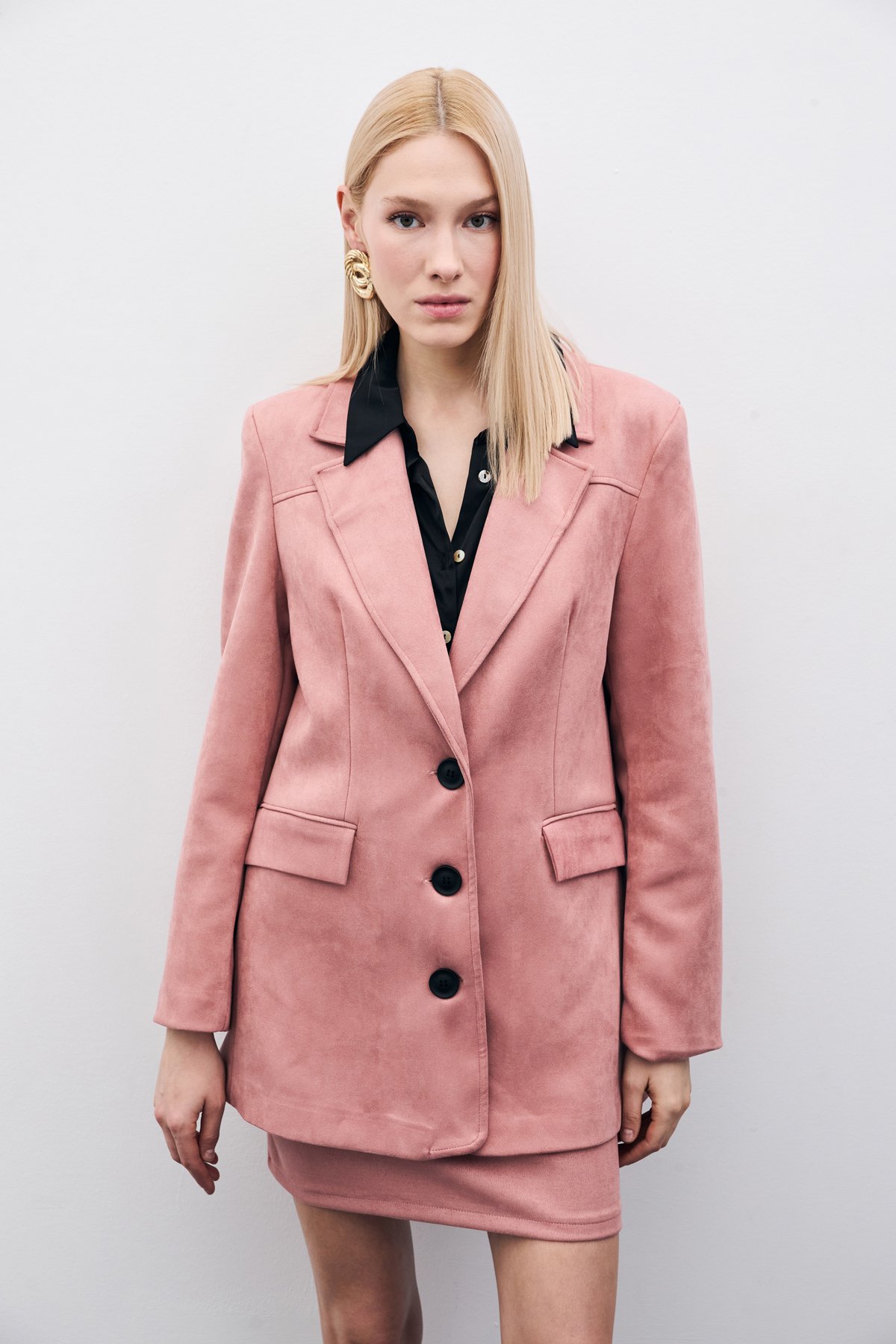 Düğmeli Süet Ceket - Pudra
