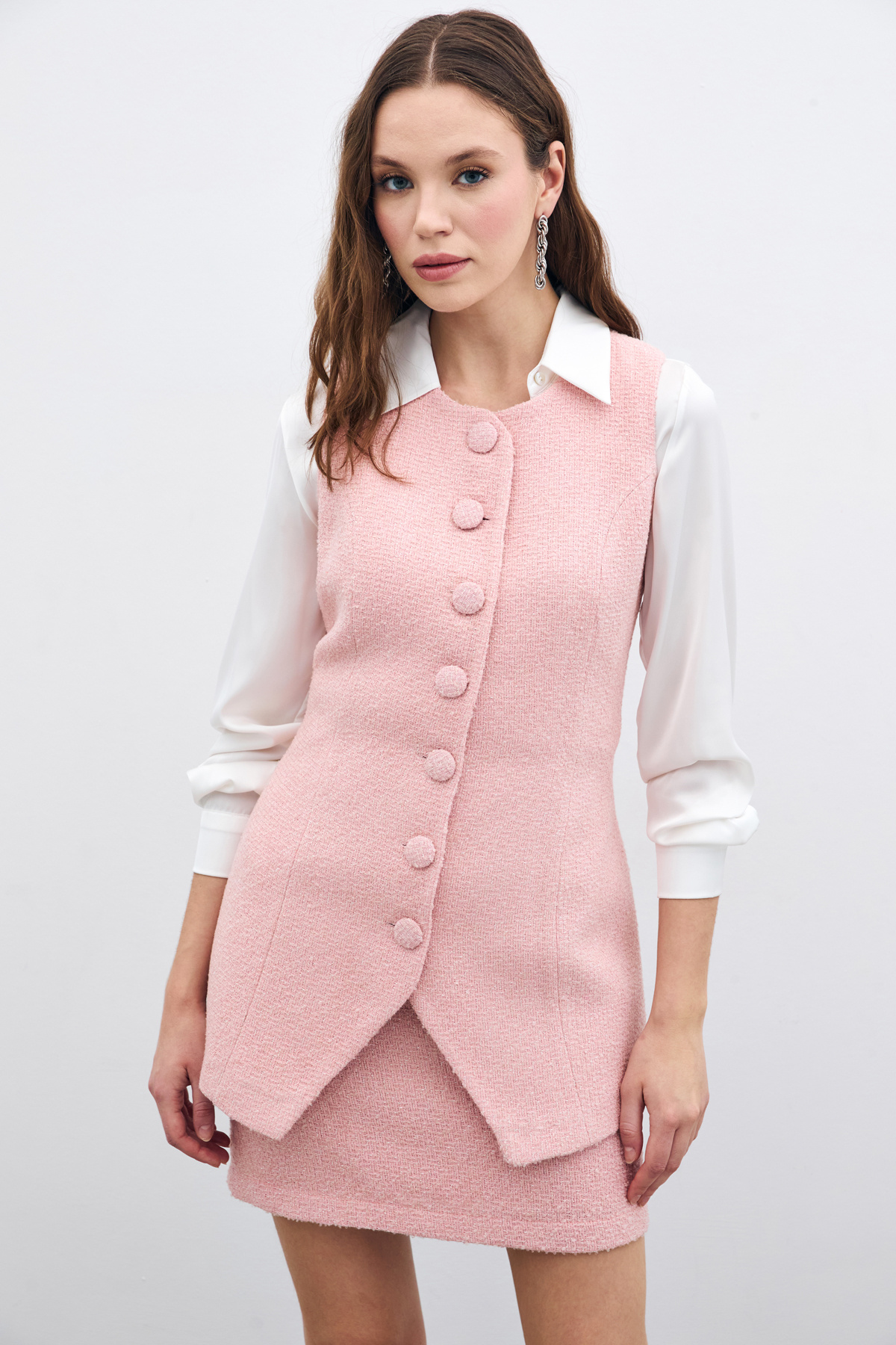Düğmeli Tüvit Yelek - Pudra