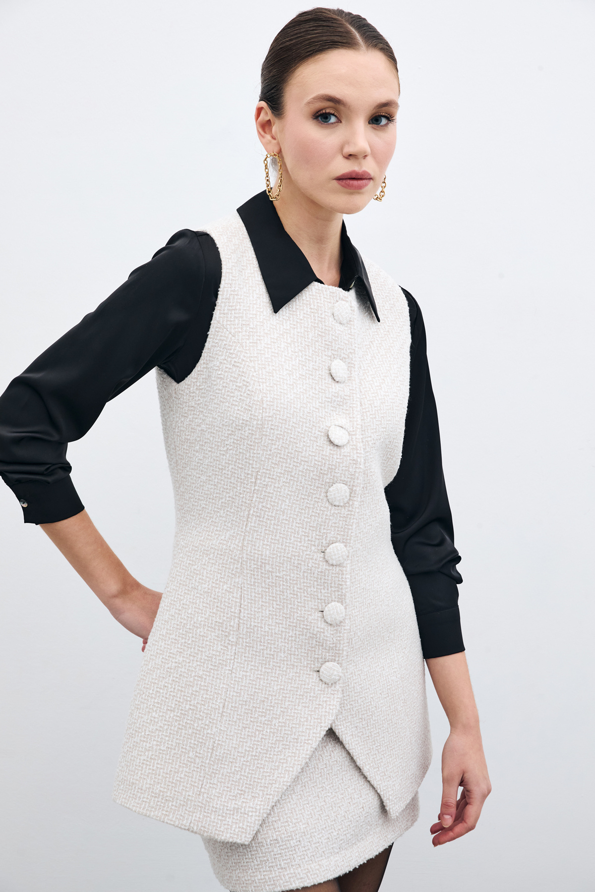 Düğmeli Tüvit Yelek - Taş