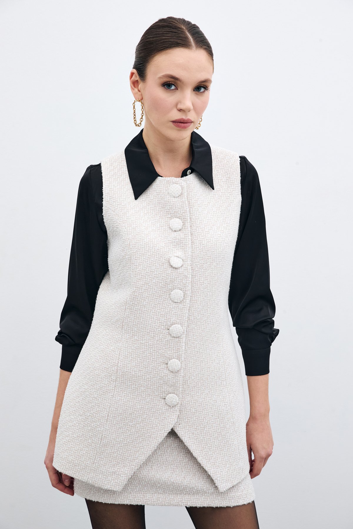 Düğmeli Tüvit Yelek - Taş