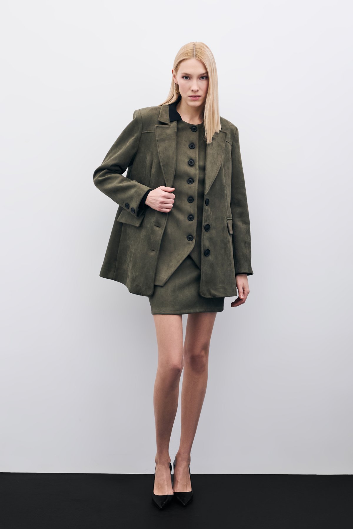 Düğmeli Uzun Süet Yelek - Haki