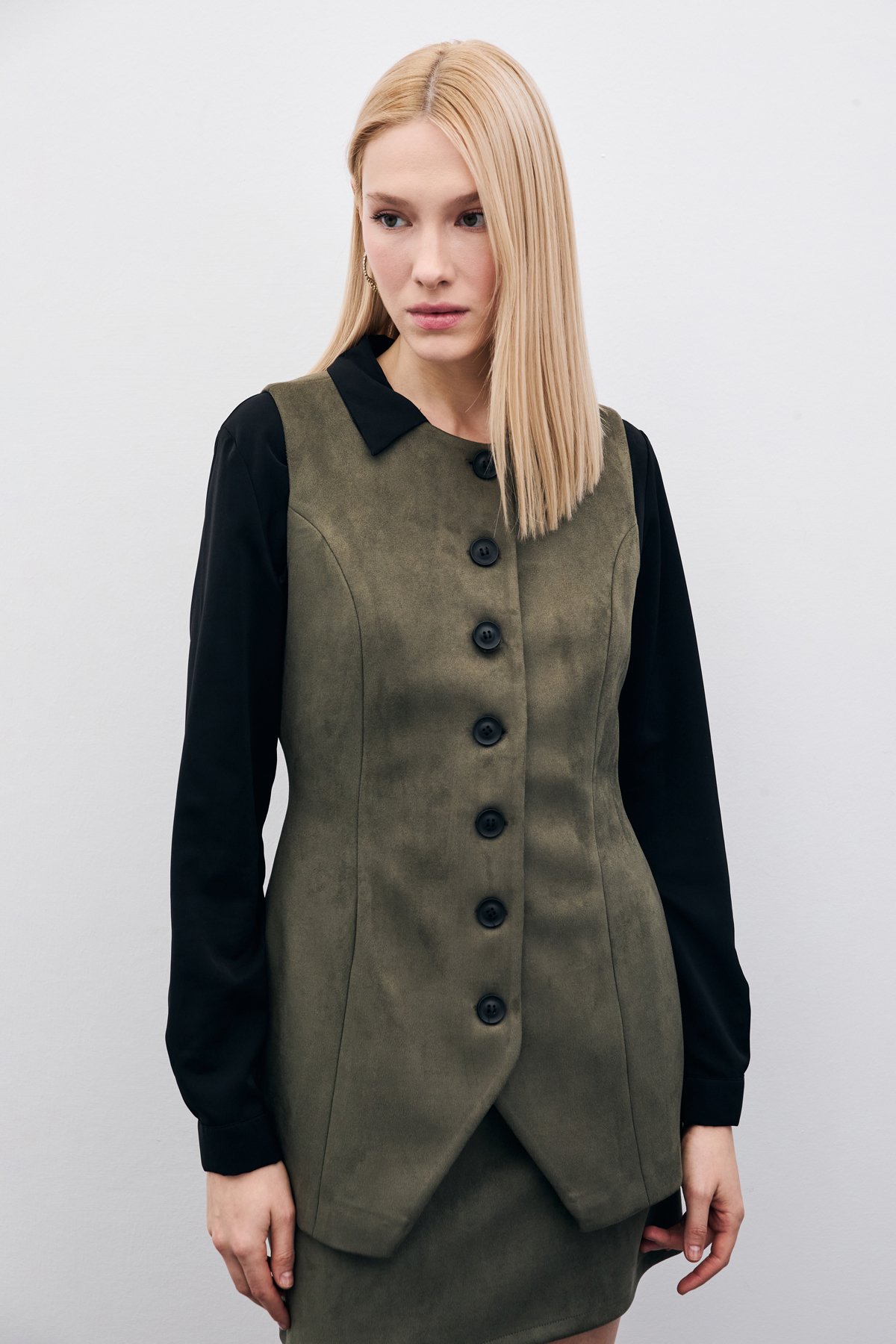 Düğmeli Uzun Süet Yelek - Haki