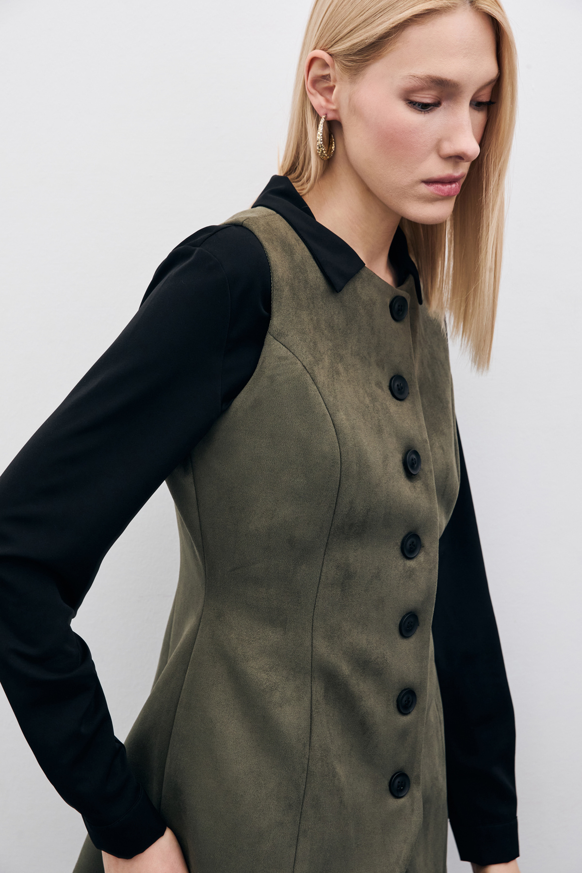 Düğmeli Uzun Süet Yelek - Haki