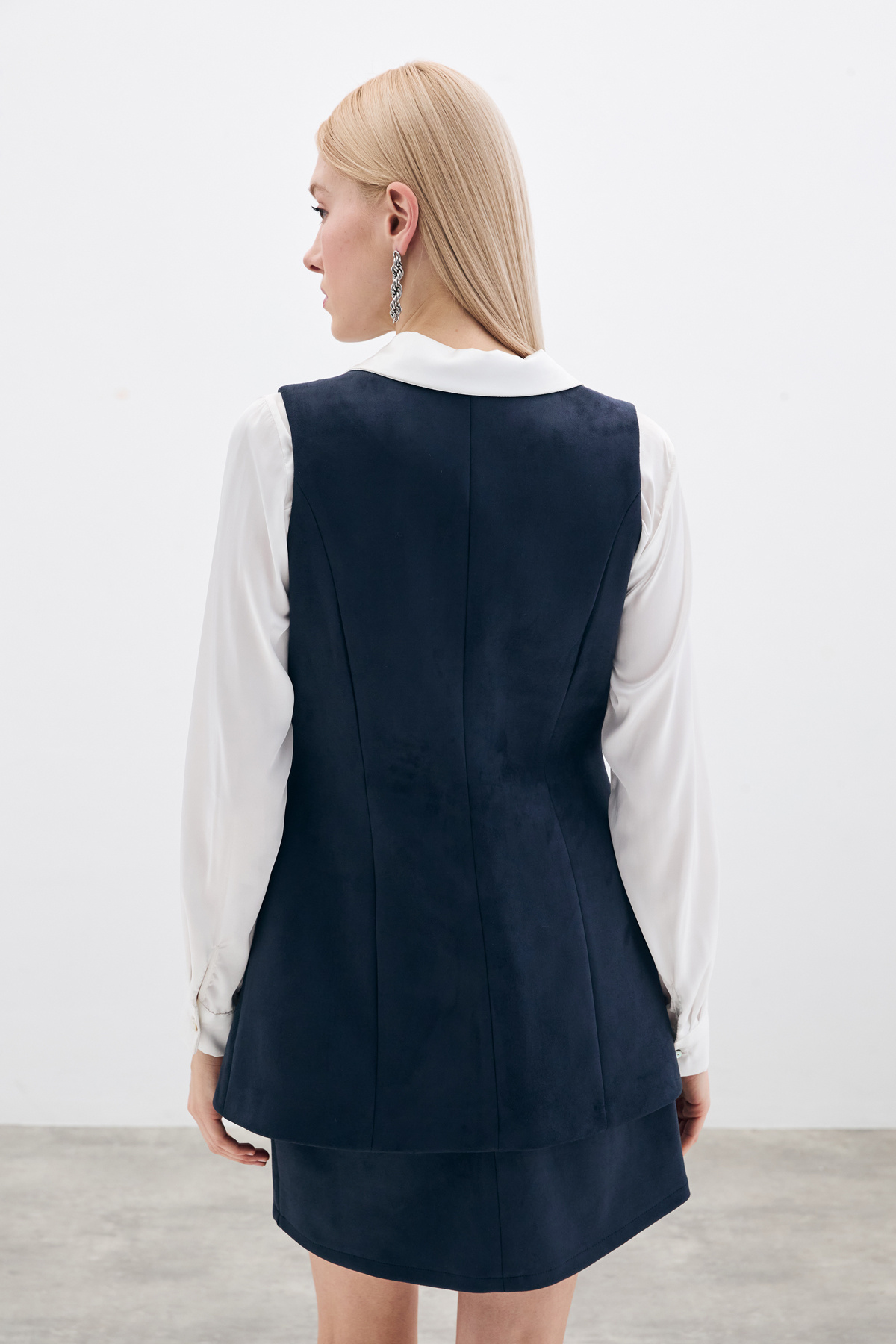 Düğmeli Uzun Süet Yelek - Lacivert