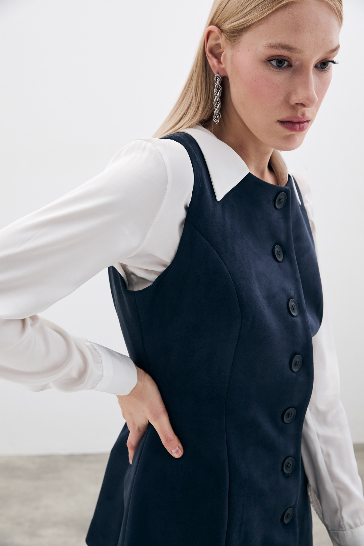 Düğmeli Uzun Süet Yelek - Lacivert