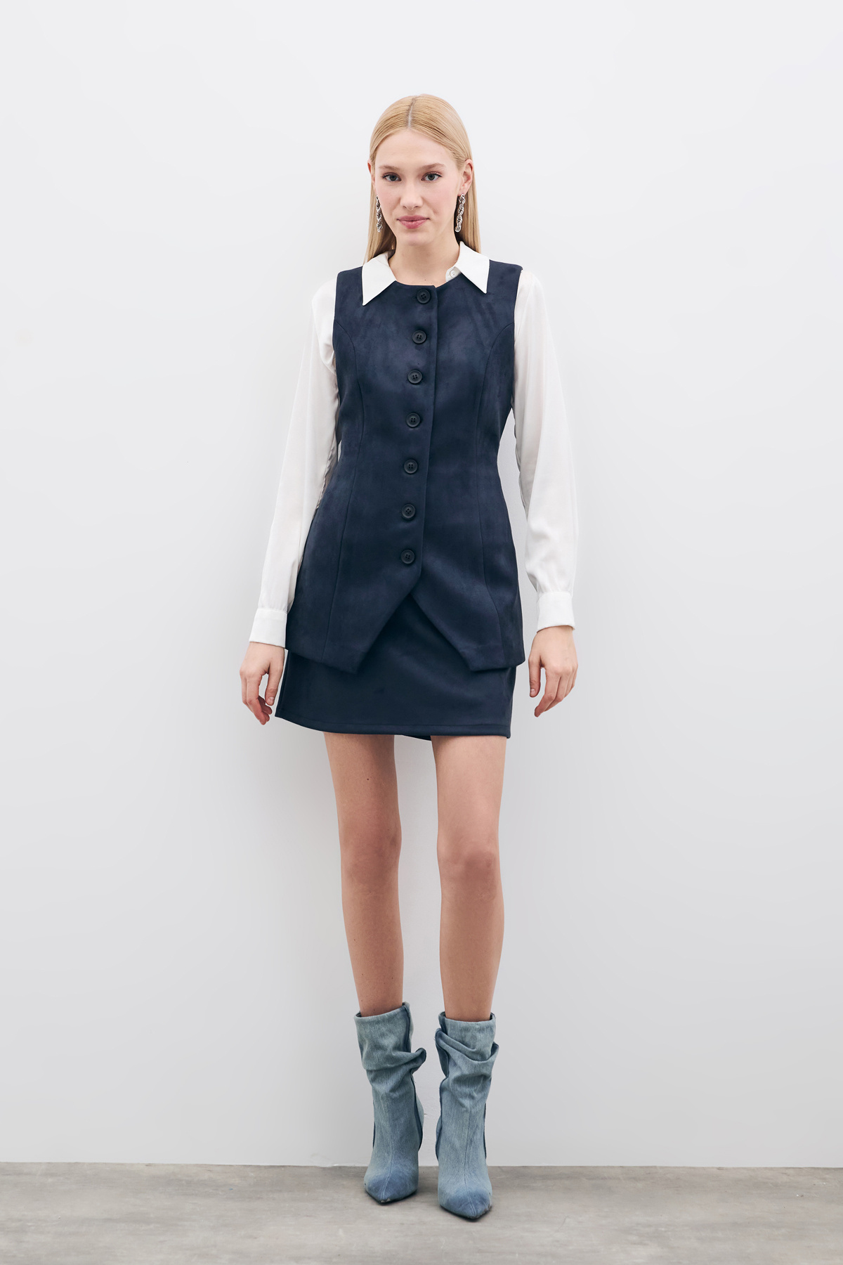 Düğmeli Uzun Süet Yelek - Lacivert