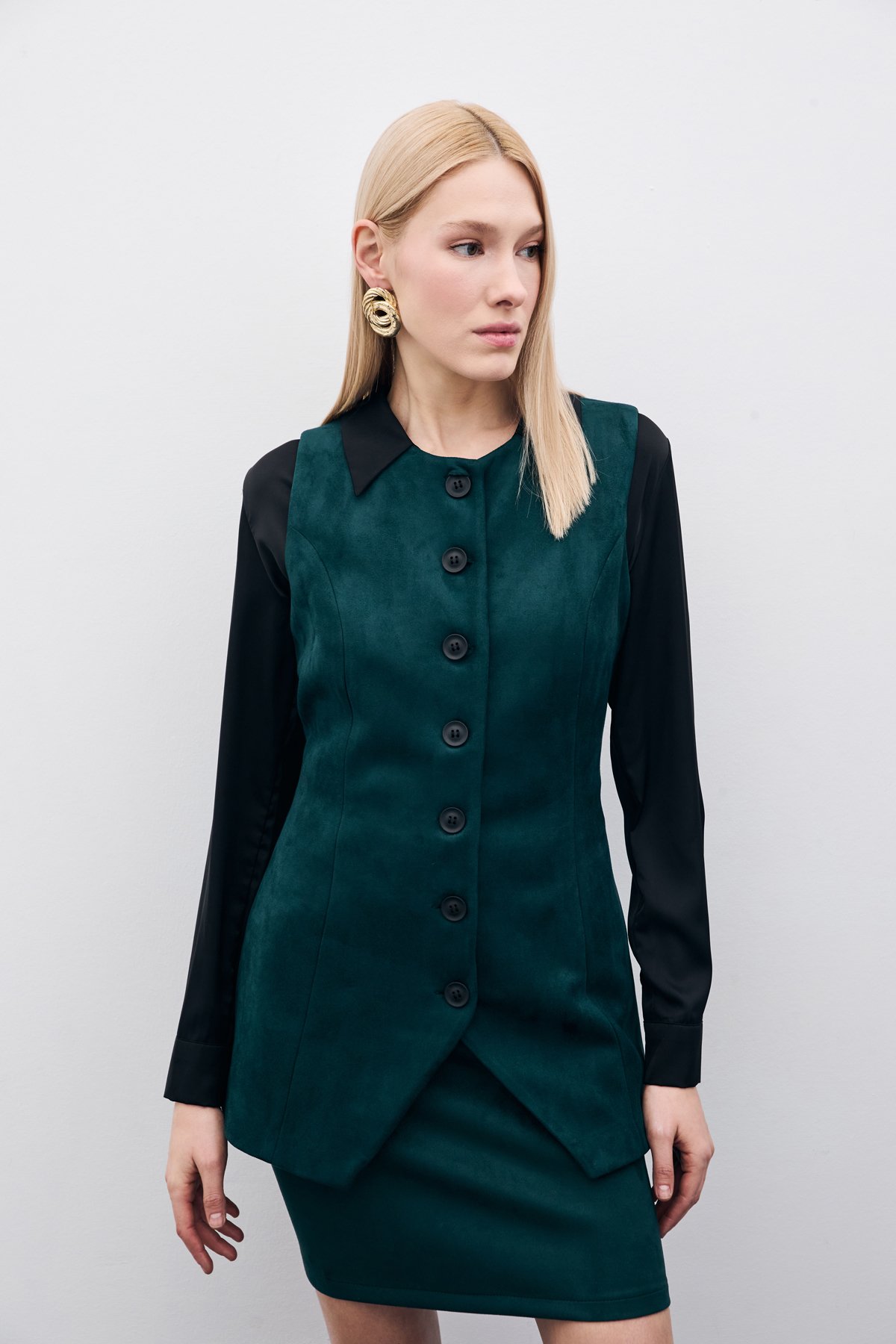 Düğmeli Uzun Süet Yelek - Zümrüt