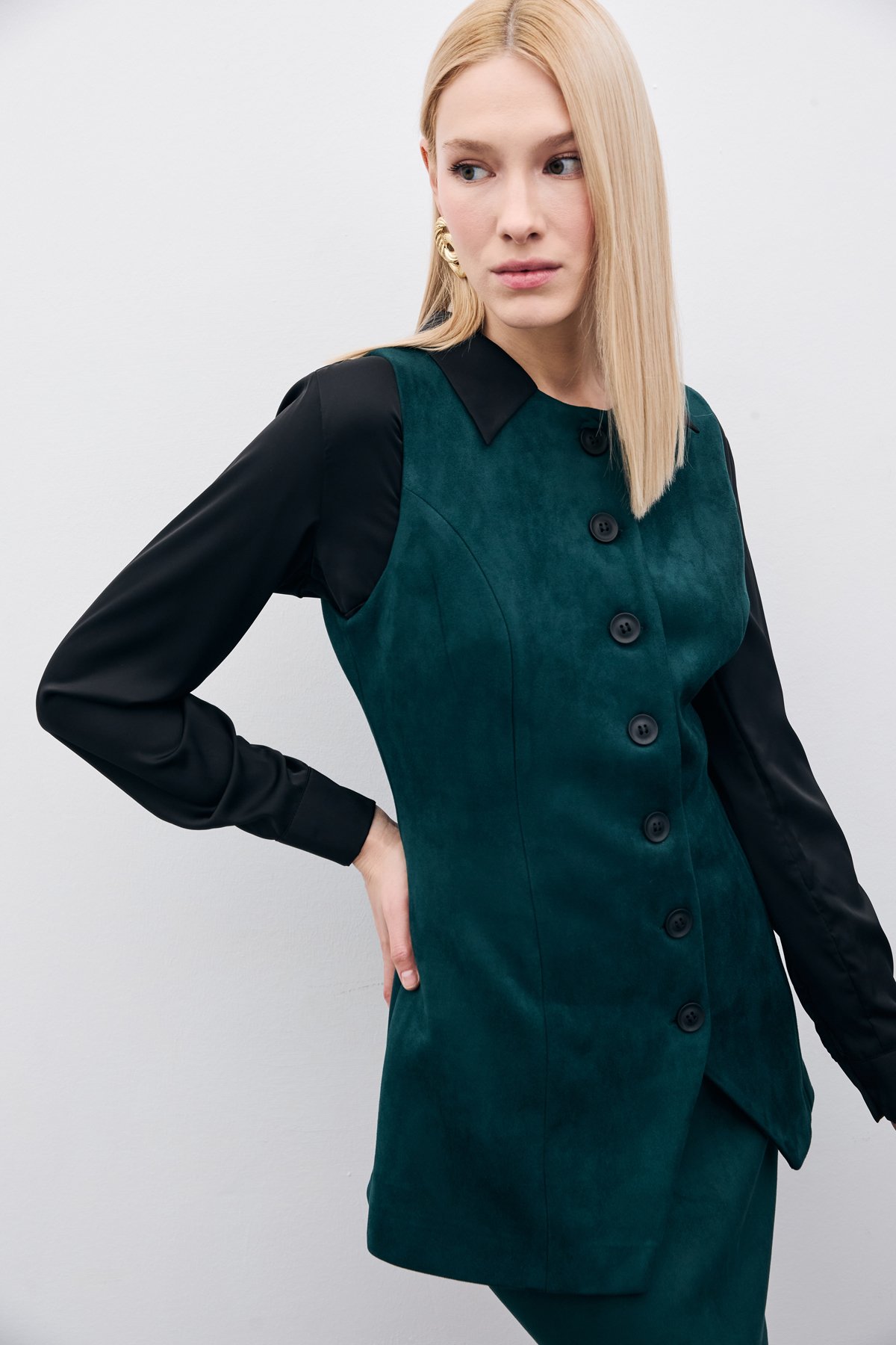 Düğmeli Uzun Süet Yelek - Zümrüt
