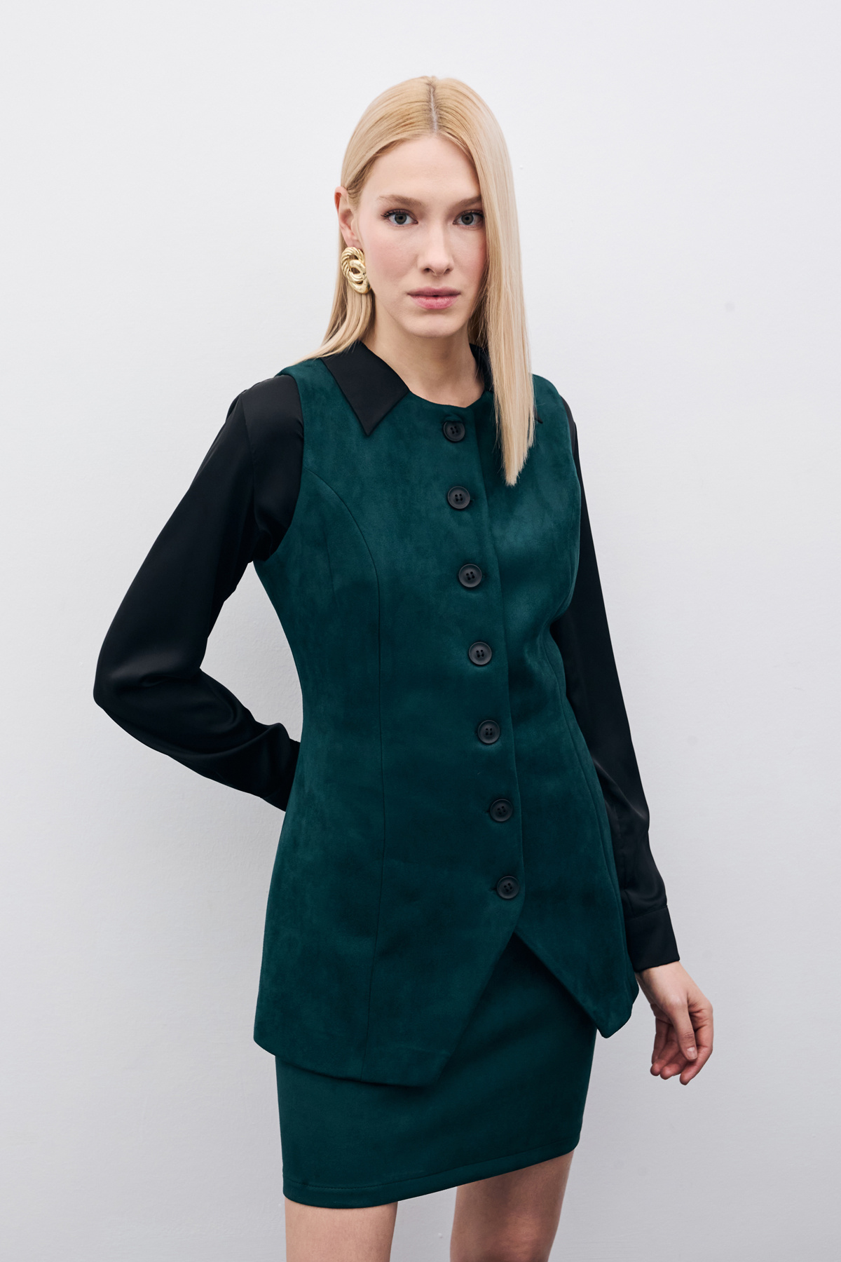 Düğmeli Uzun Süet Yelek - Zümrüt