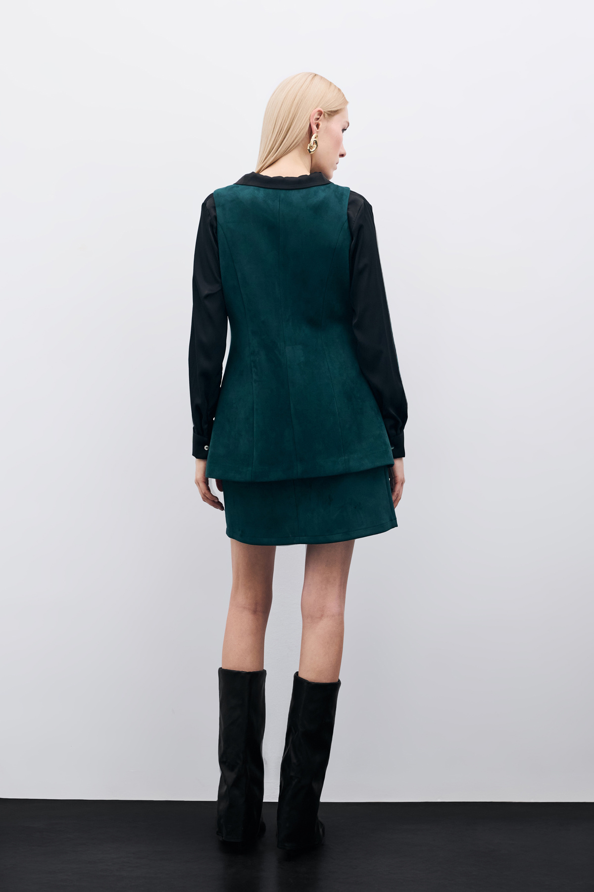 Düğmeli Uzun Süet Yelek - Zümrüt