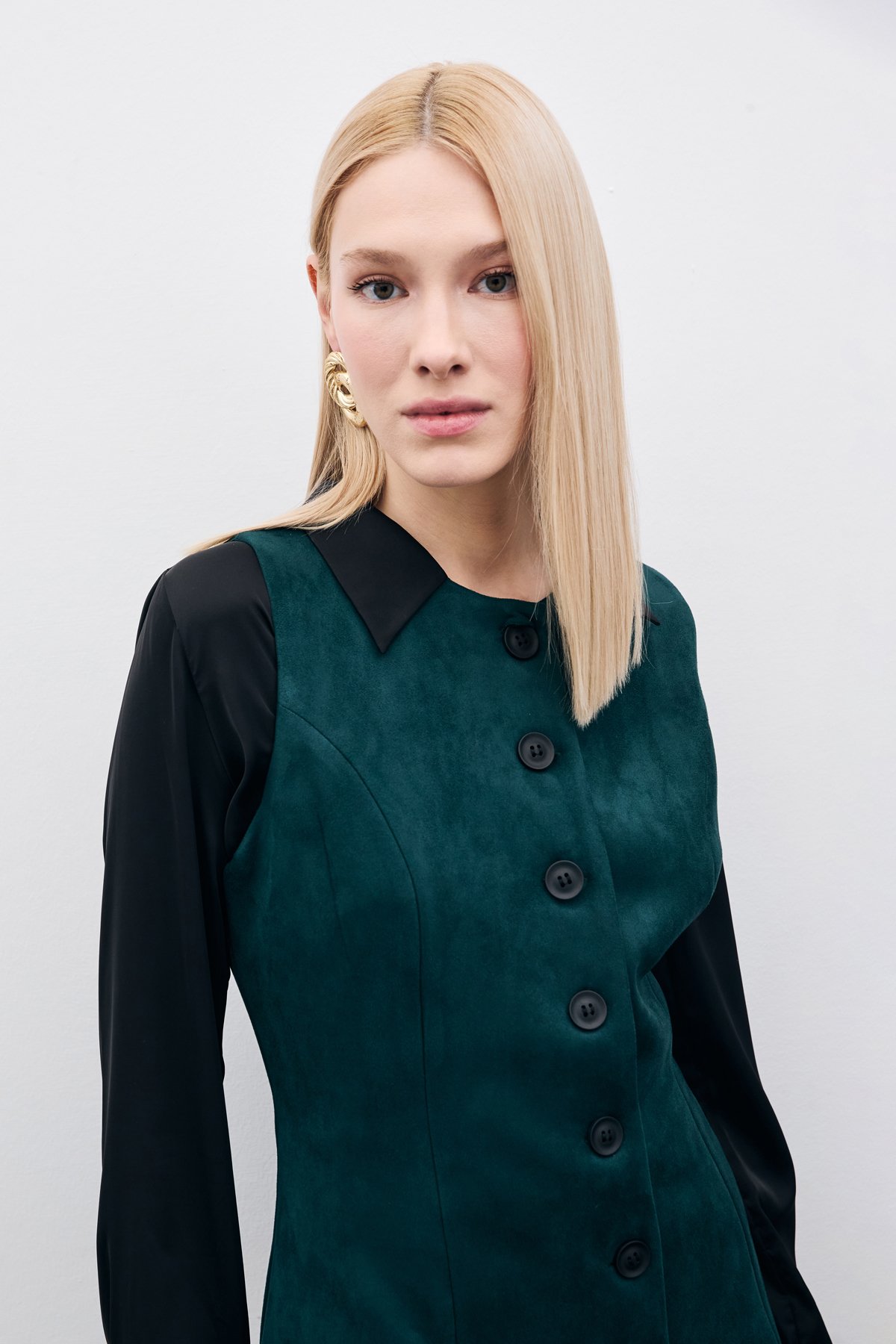 Düğmeli Uzun Süet Yelek - Zümrüt