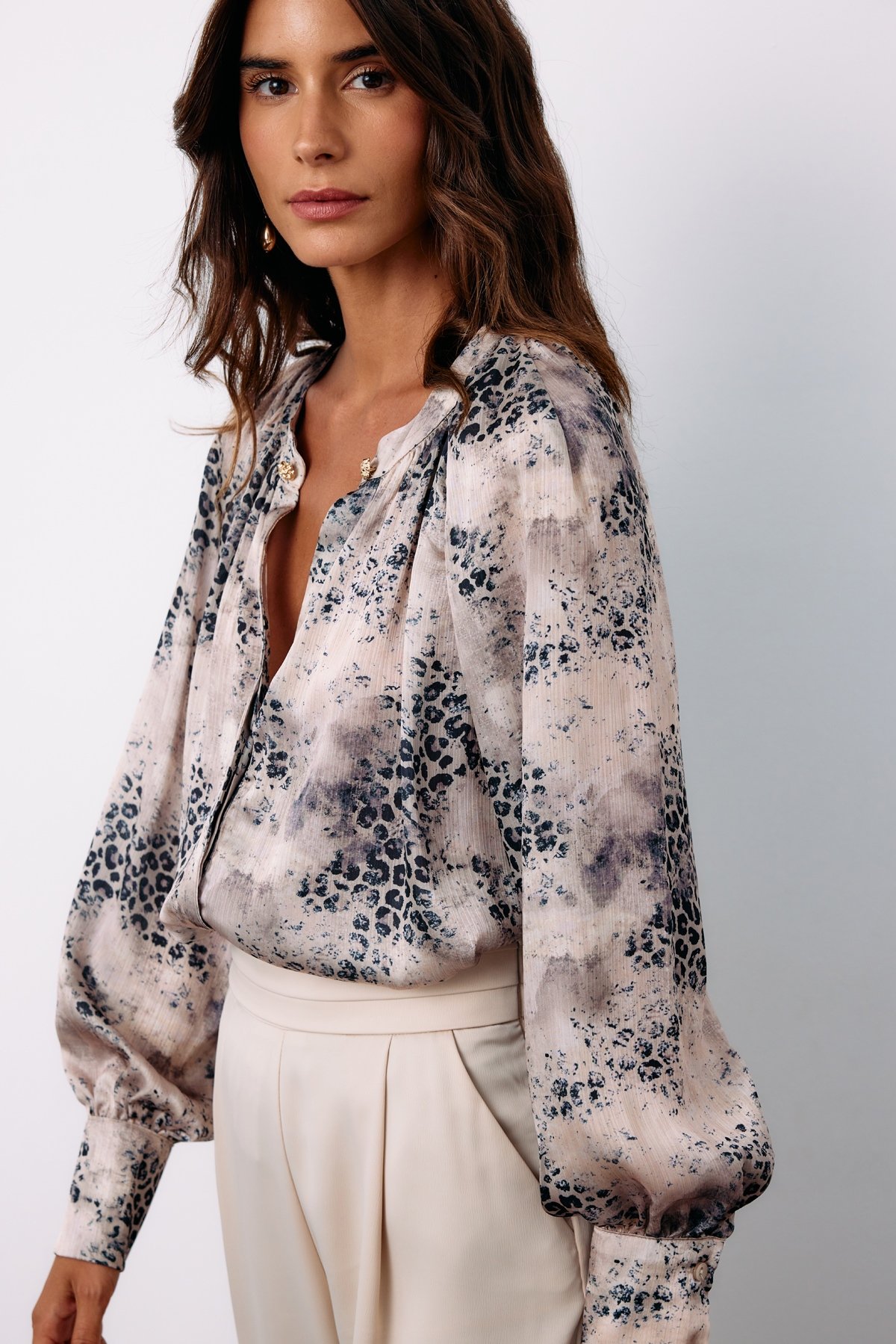 Düğmeli Yaka Desenli Gömlek - GRİ