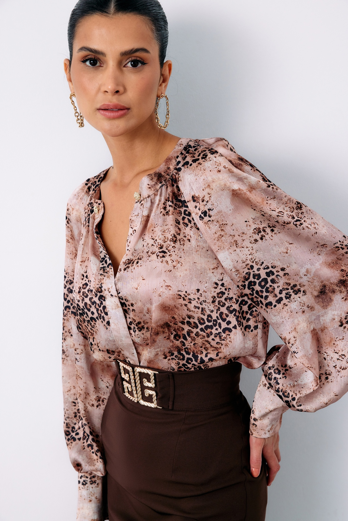 Düğmeli Yaka Desenli Gömlek - VİZON