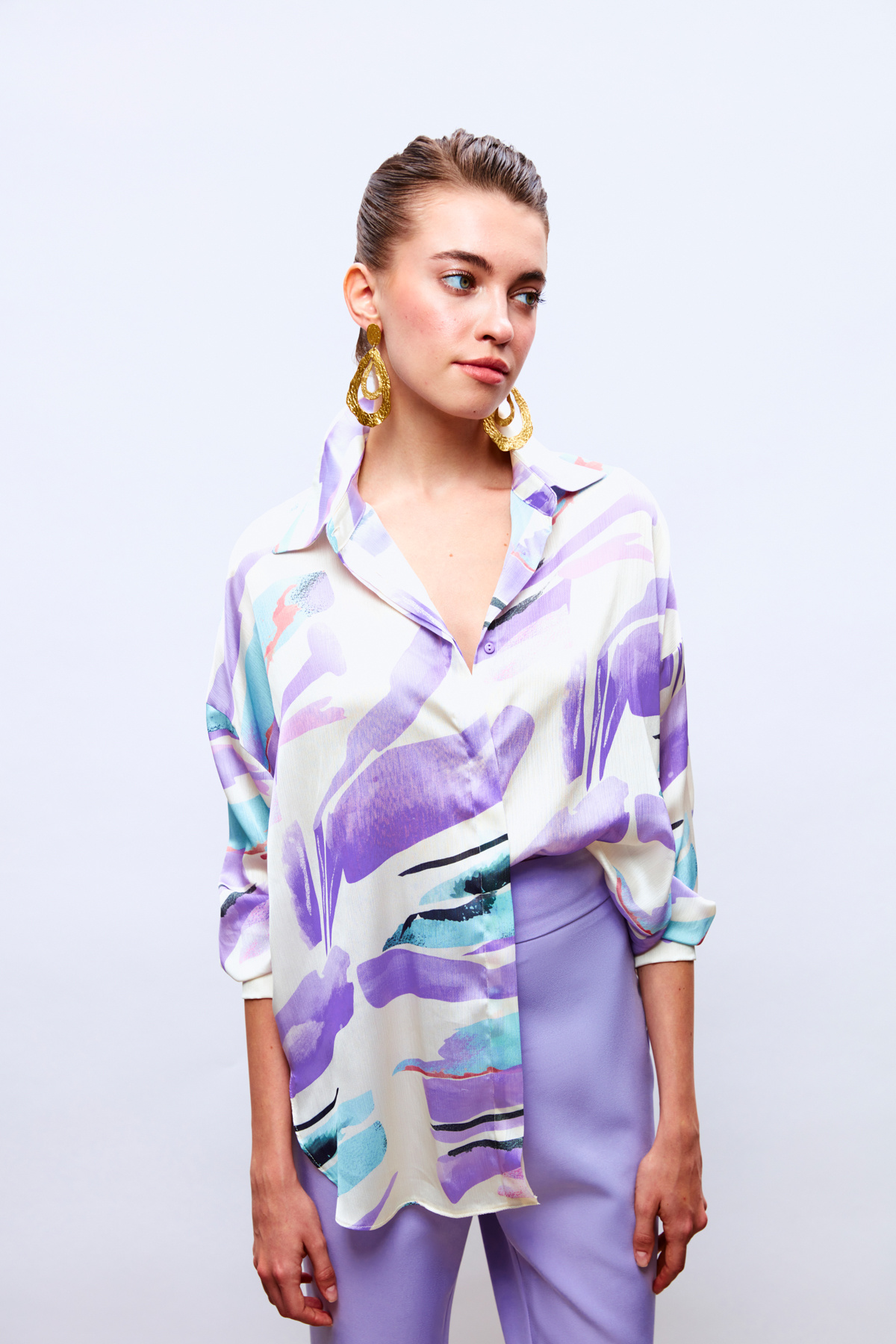 Düşük Omuz Detaylı Salaş Gömlek - LİLA