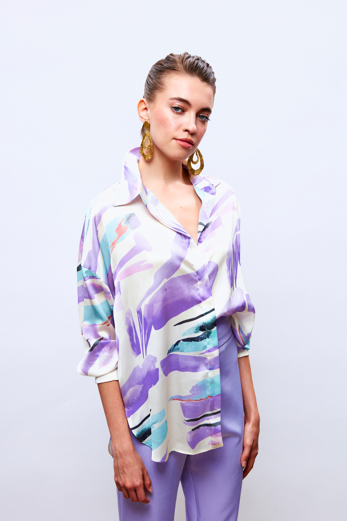 Düşük Omuz Detaylı Salaş Gömlek - LİLA