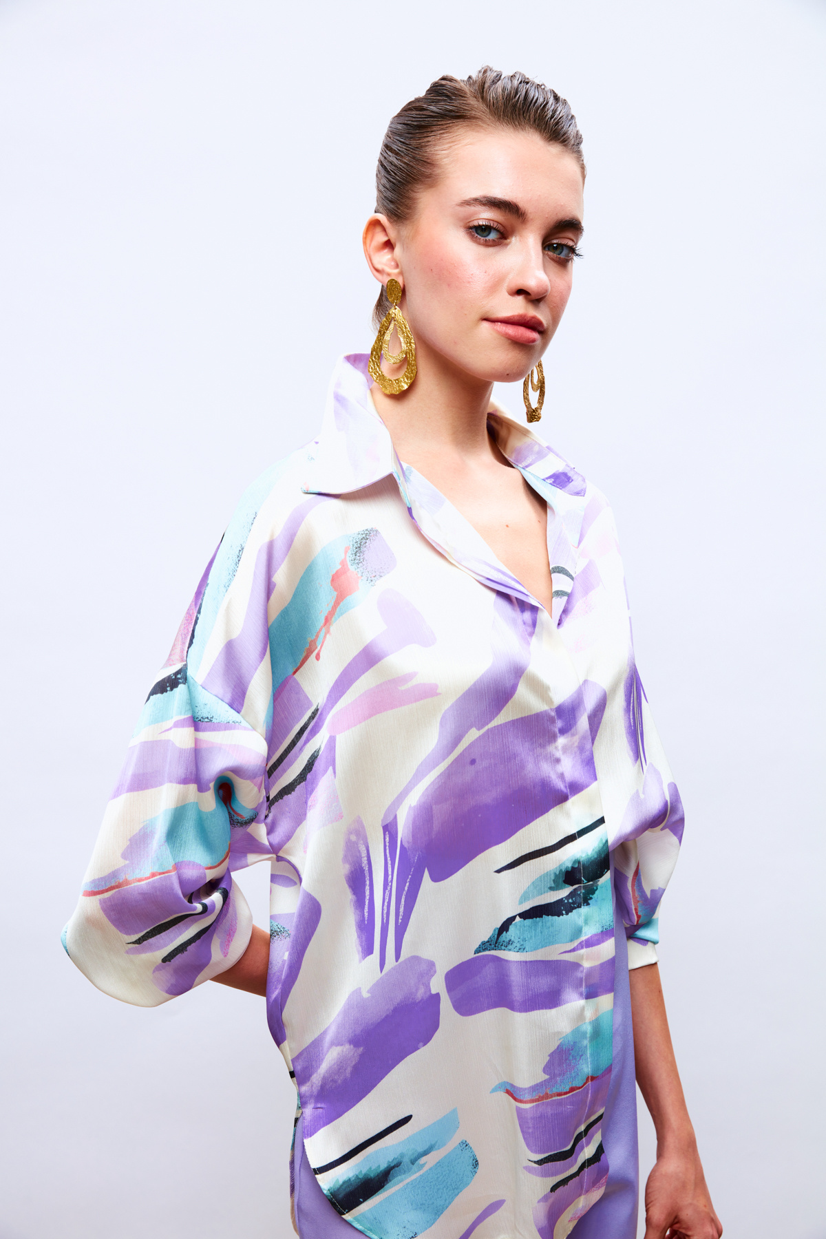 Düşük Omuz Detaylı Salaş Gömlek - LİLA