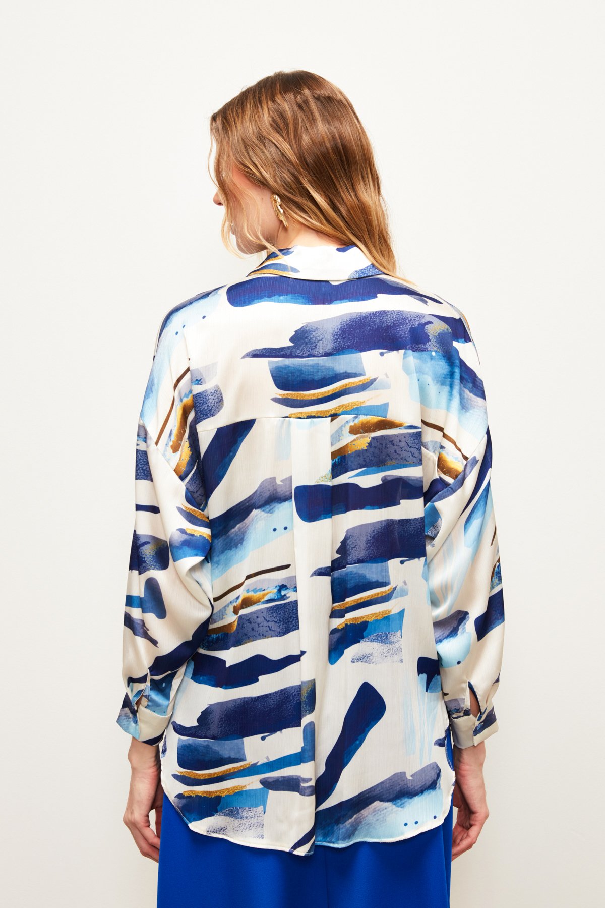 Düşük Omuz Detaylı Salaş Gömlek - SAX MAVİ