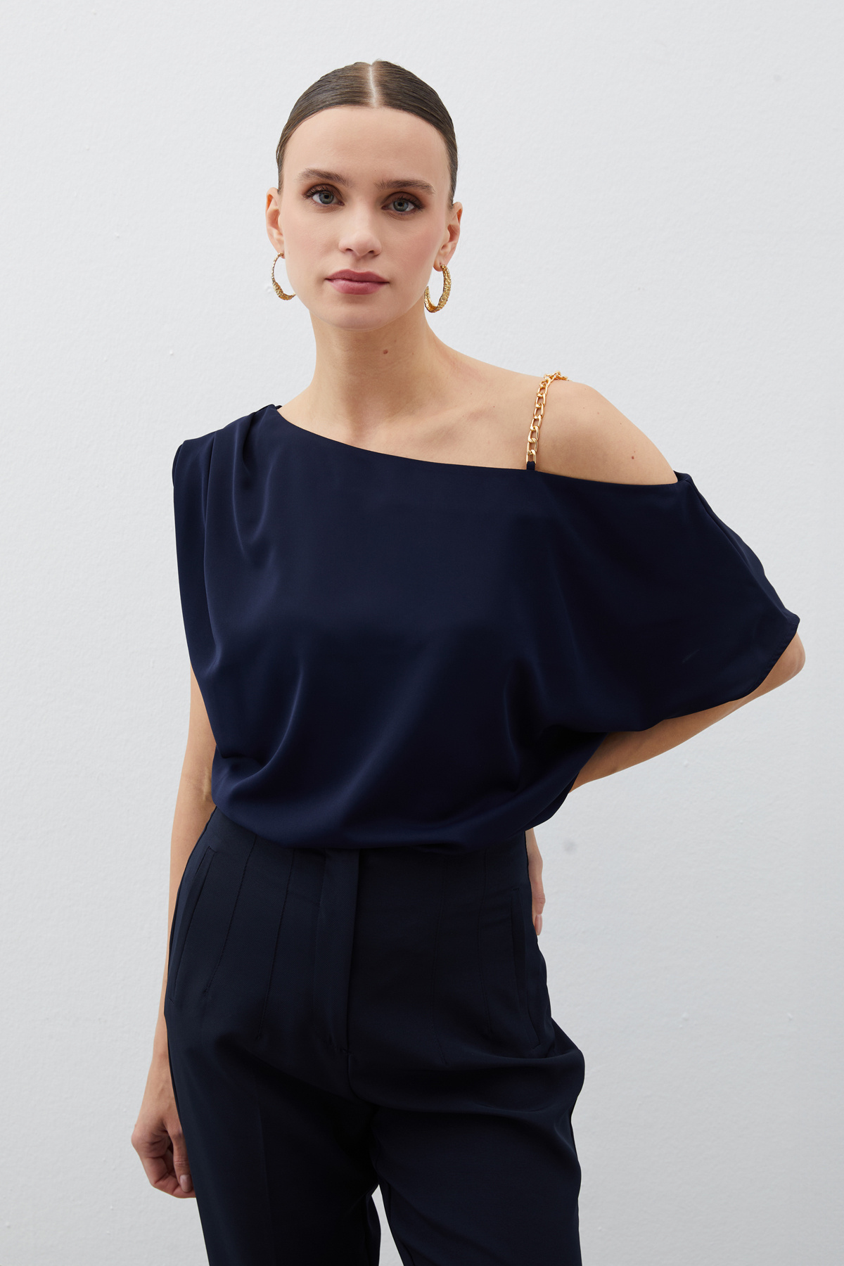 Düşük Omuzlu Salaş Bluz - LACİVERT