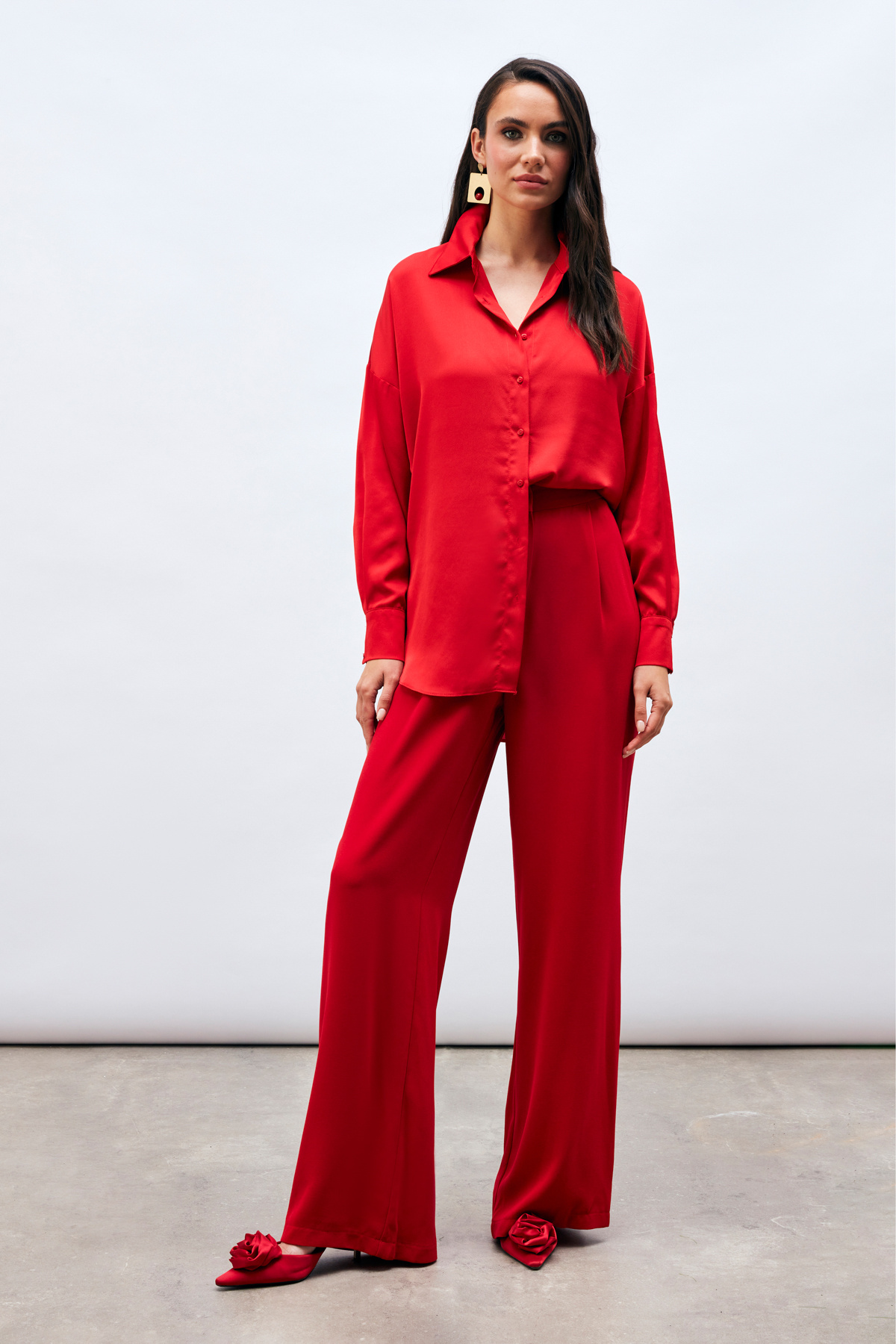 Düşük Omuzlu Salaş Gömlek - KIRMIZI