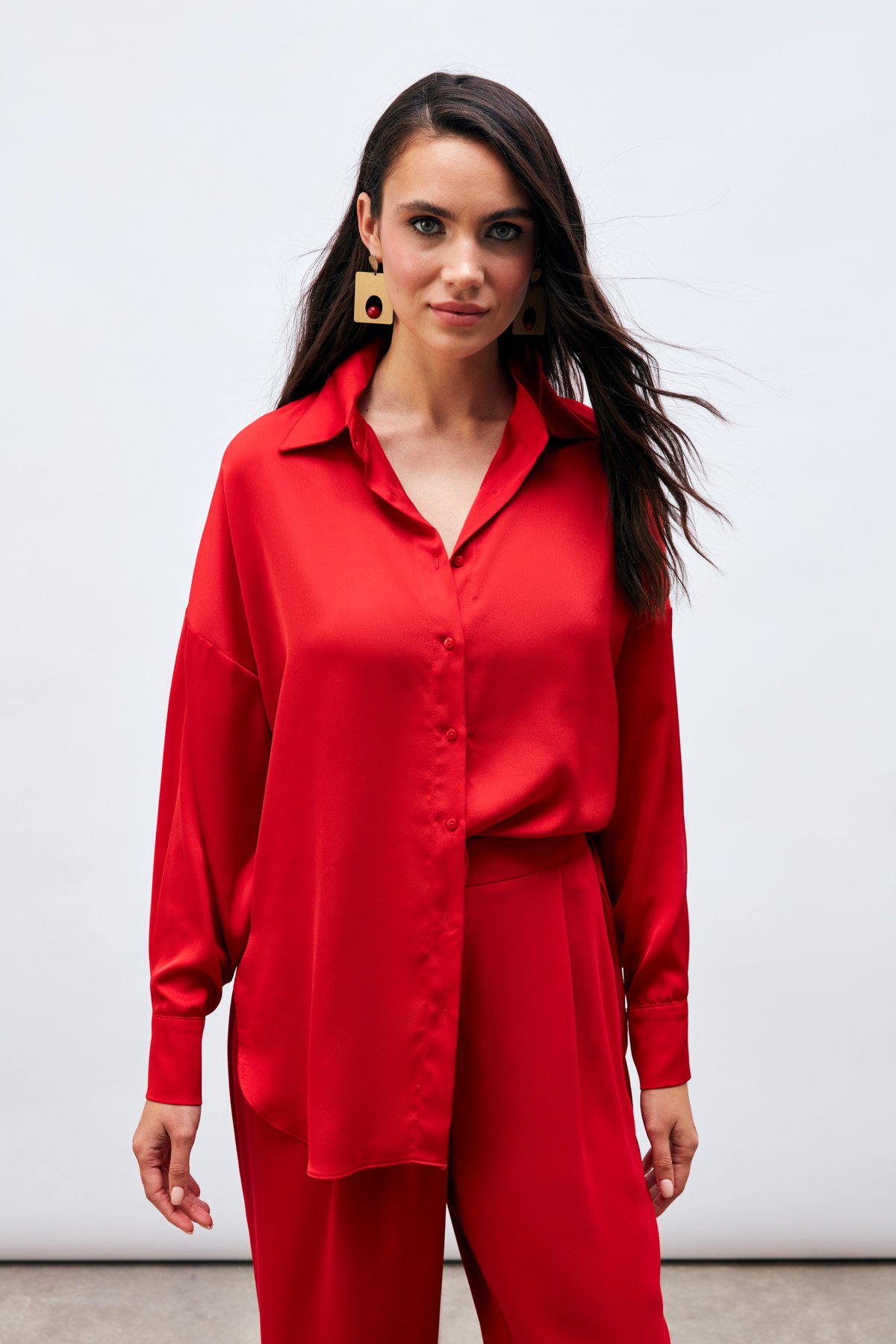 Düşük Omuzlu Salaş Gömlek - KIRMIZI