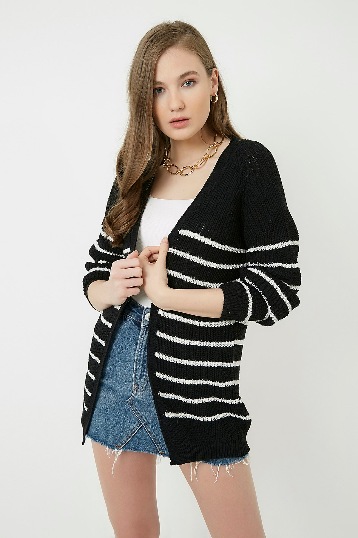 Düz Çizgi Desenli Hırka - SİYAH-EKRU