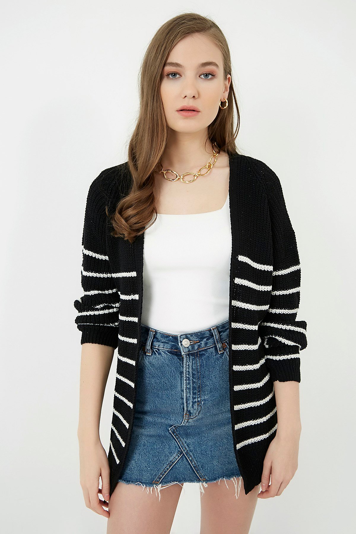 Düz Çizgi Desenli Hırka - SİYAH-EKRU