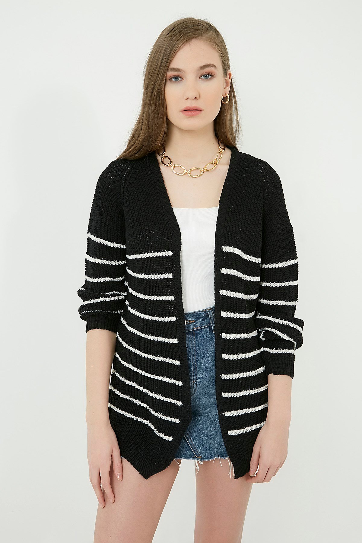 Düz Çizgi Desenli Hırka - SİYAH-EKRU