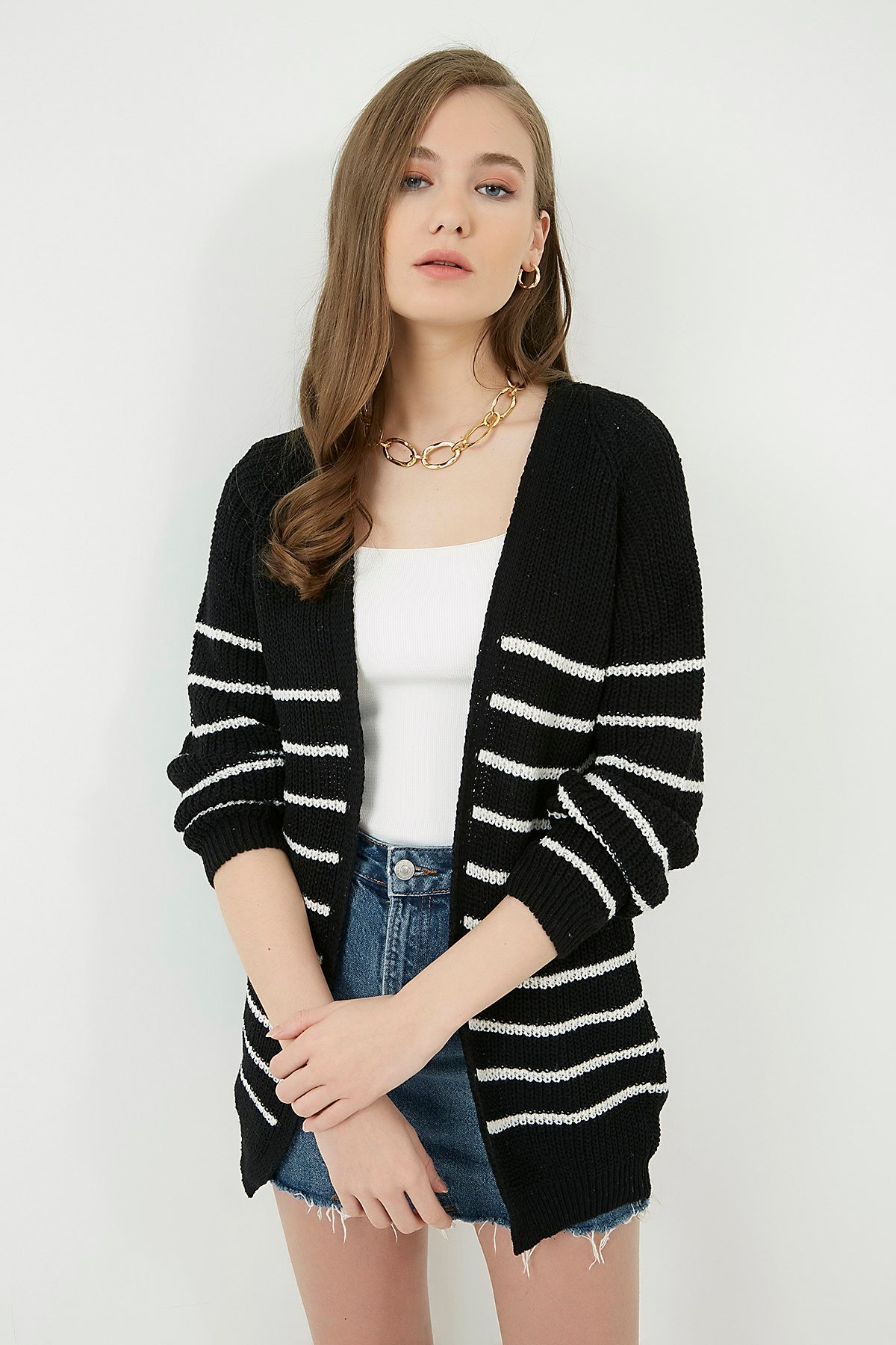 Düz Çizgi Desenli Hırka - SİYAH-EKRU