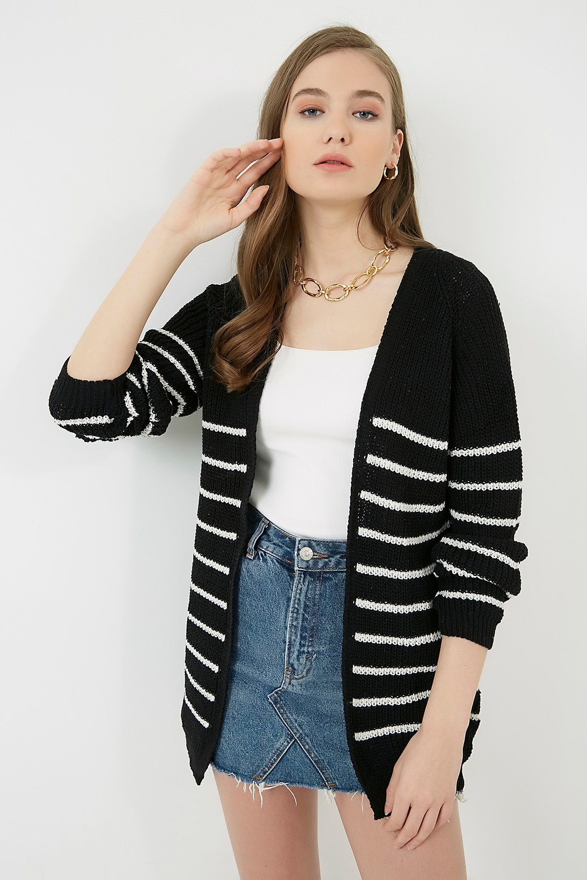 Düz Çizgi Desenli Hırka - SİYAH-EKRU