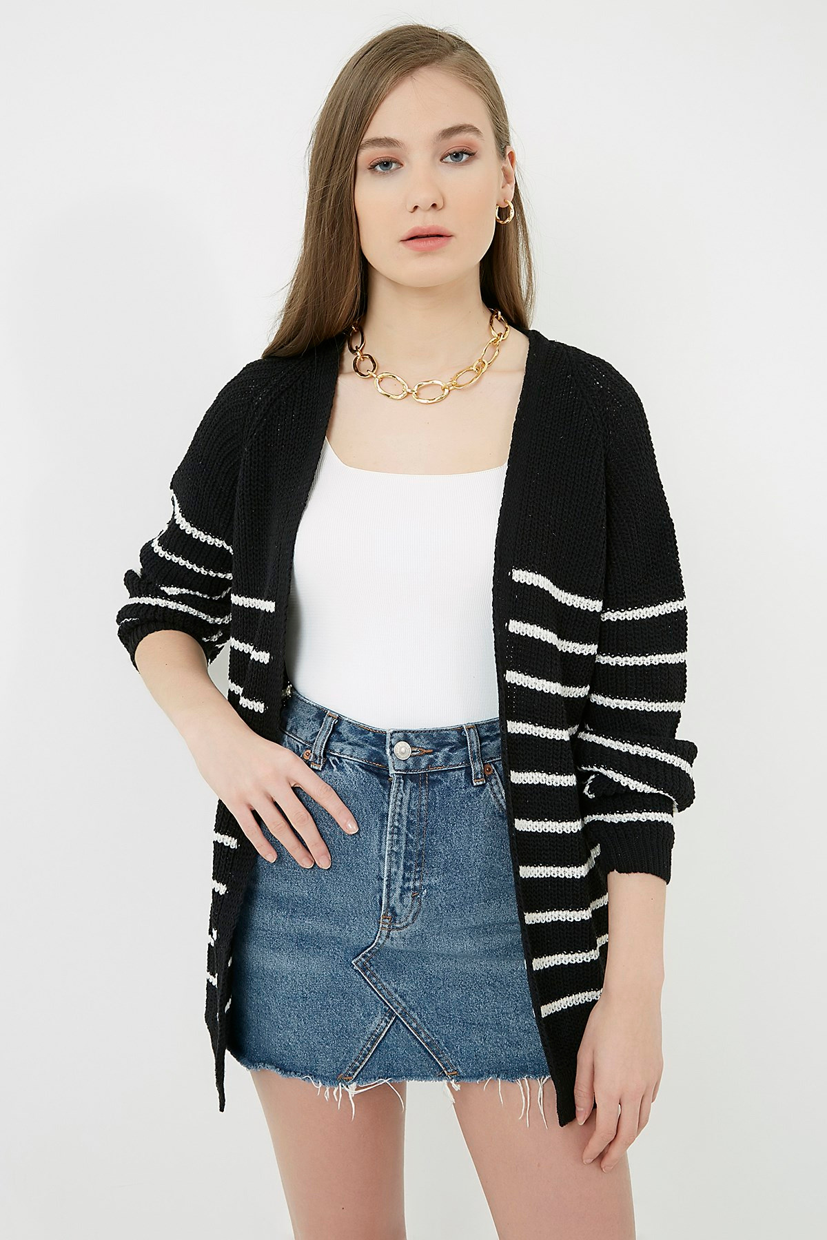 Düz Çizgi Desenli Hırka - SİYAH-EKRU