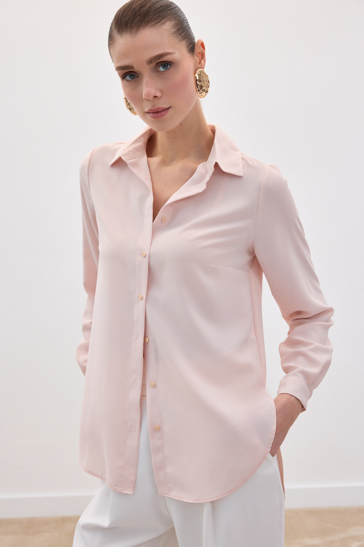 Düz Klasik Gömlek - Pudra