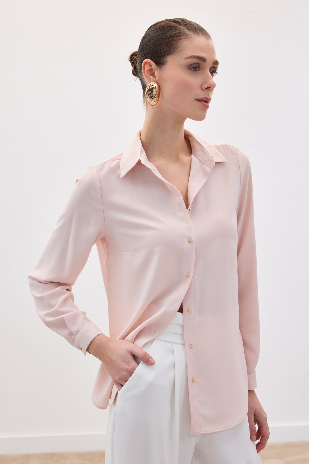 Düz Klasik Gömlek - Pudra