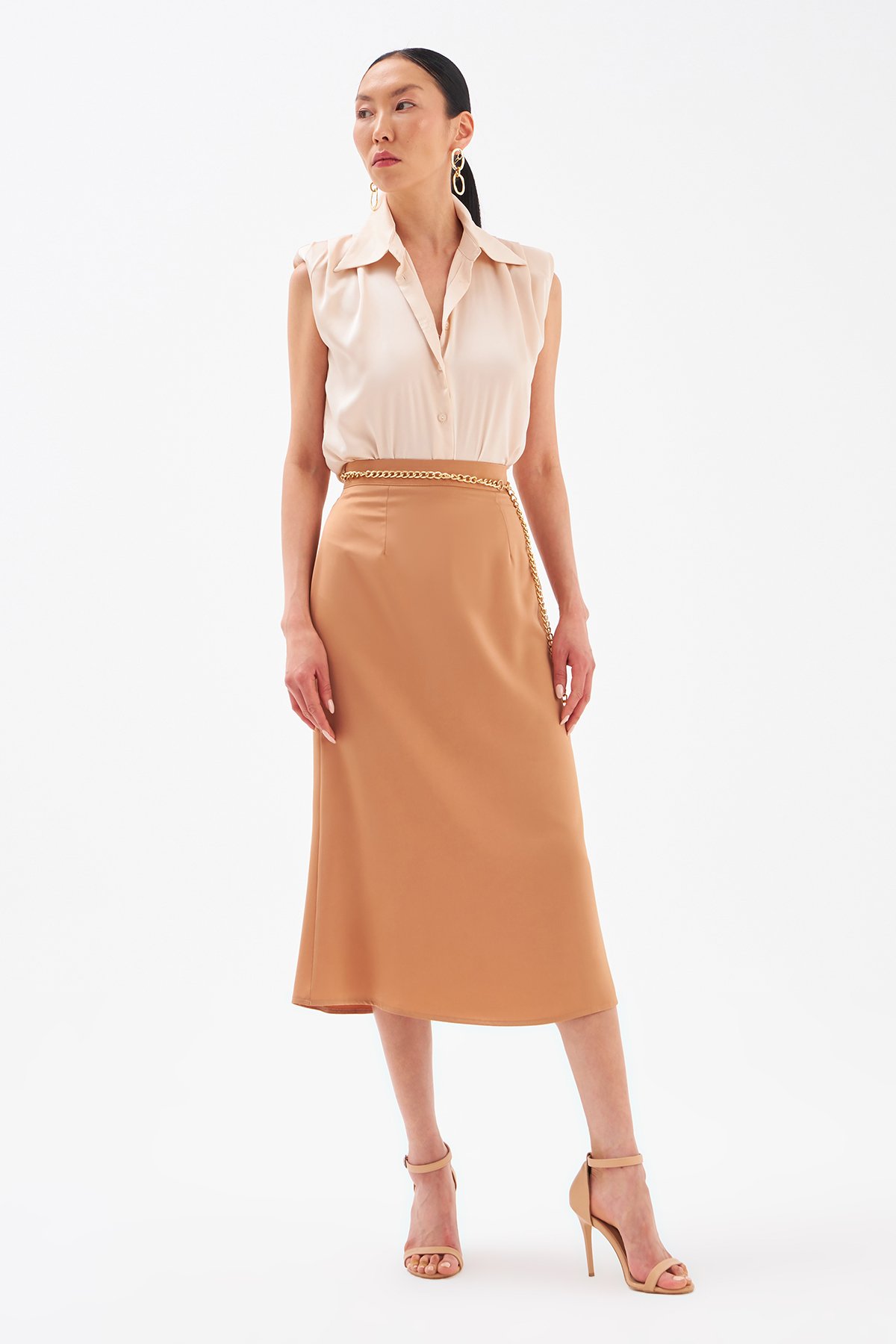 Düz Saten Etek - CAMEL