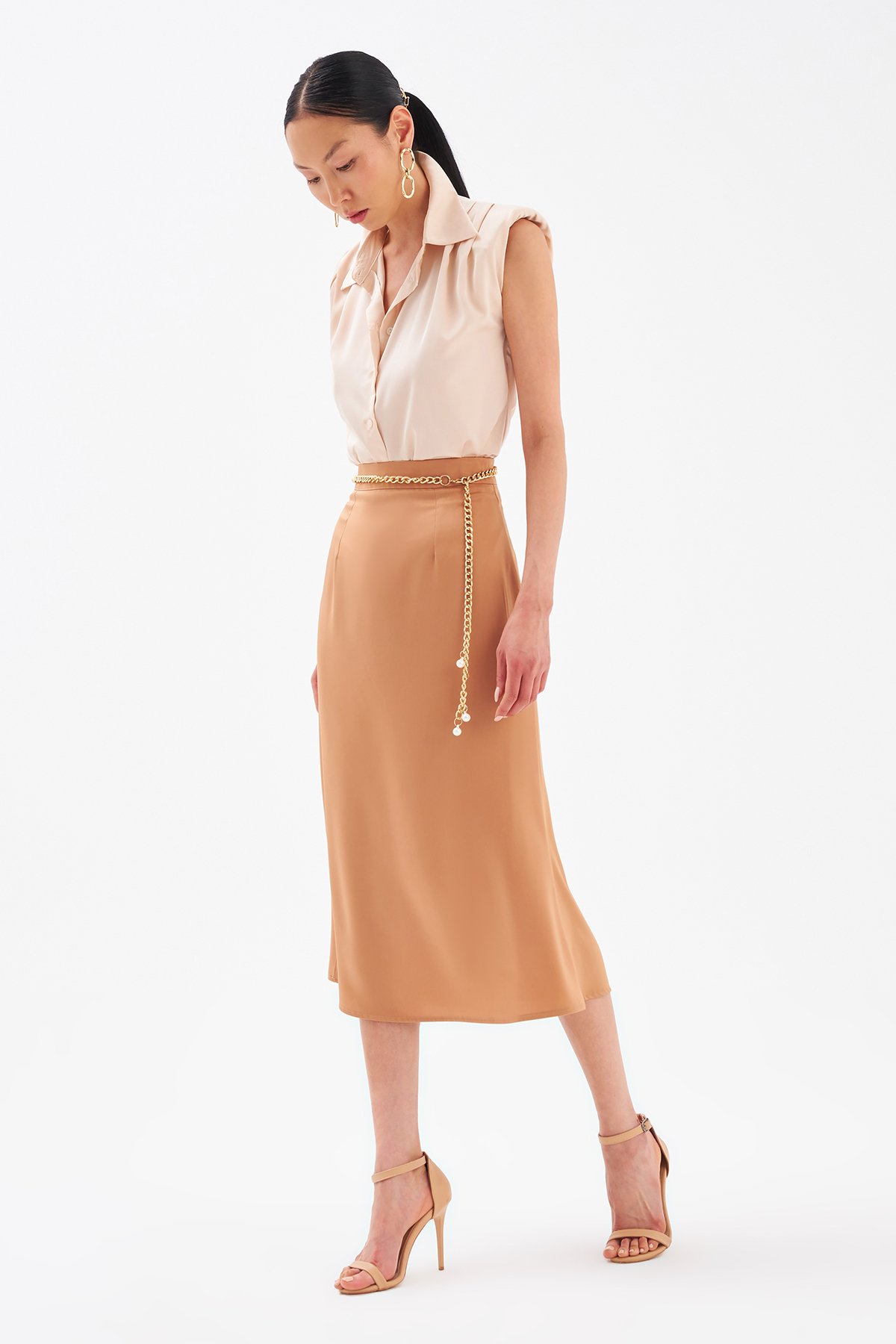 Düz Saten Etek - CAMEL