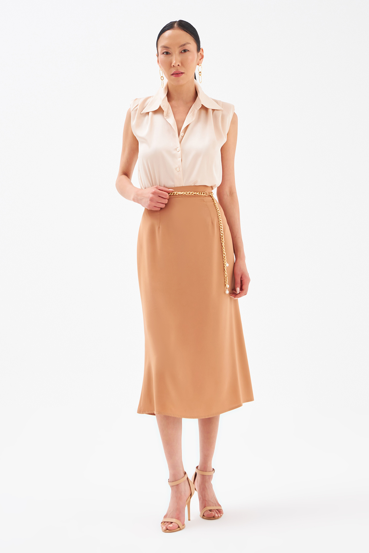 Düz Saten Etek - CAMEL