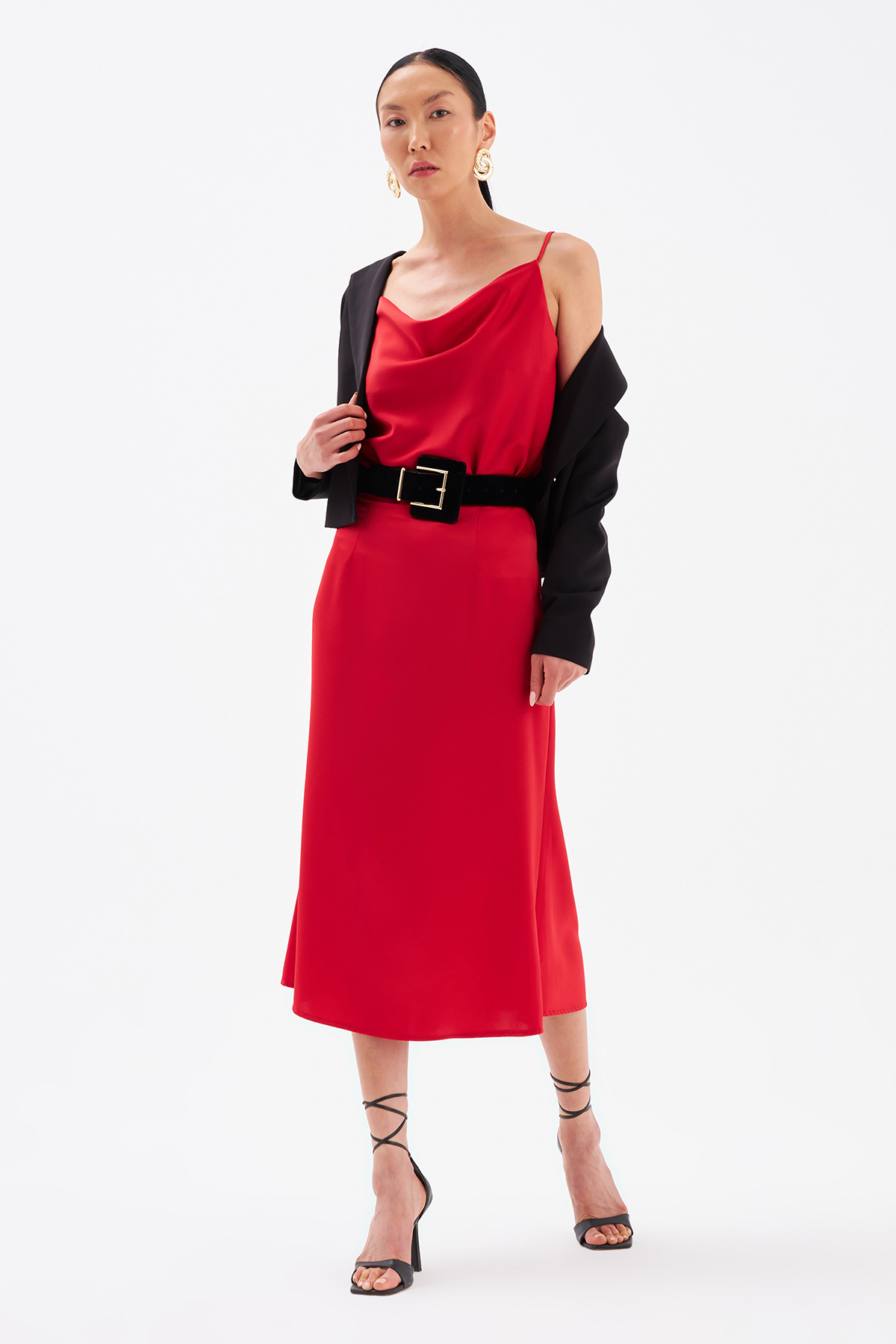 Düz Saten Etek - KIRMIZI