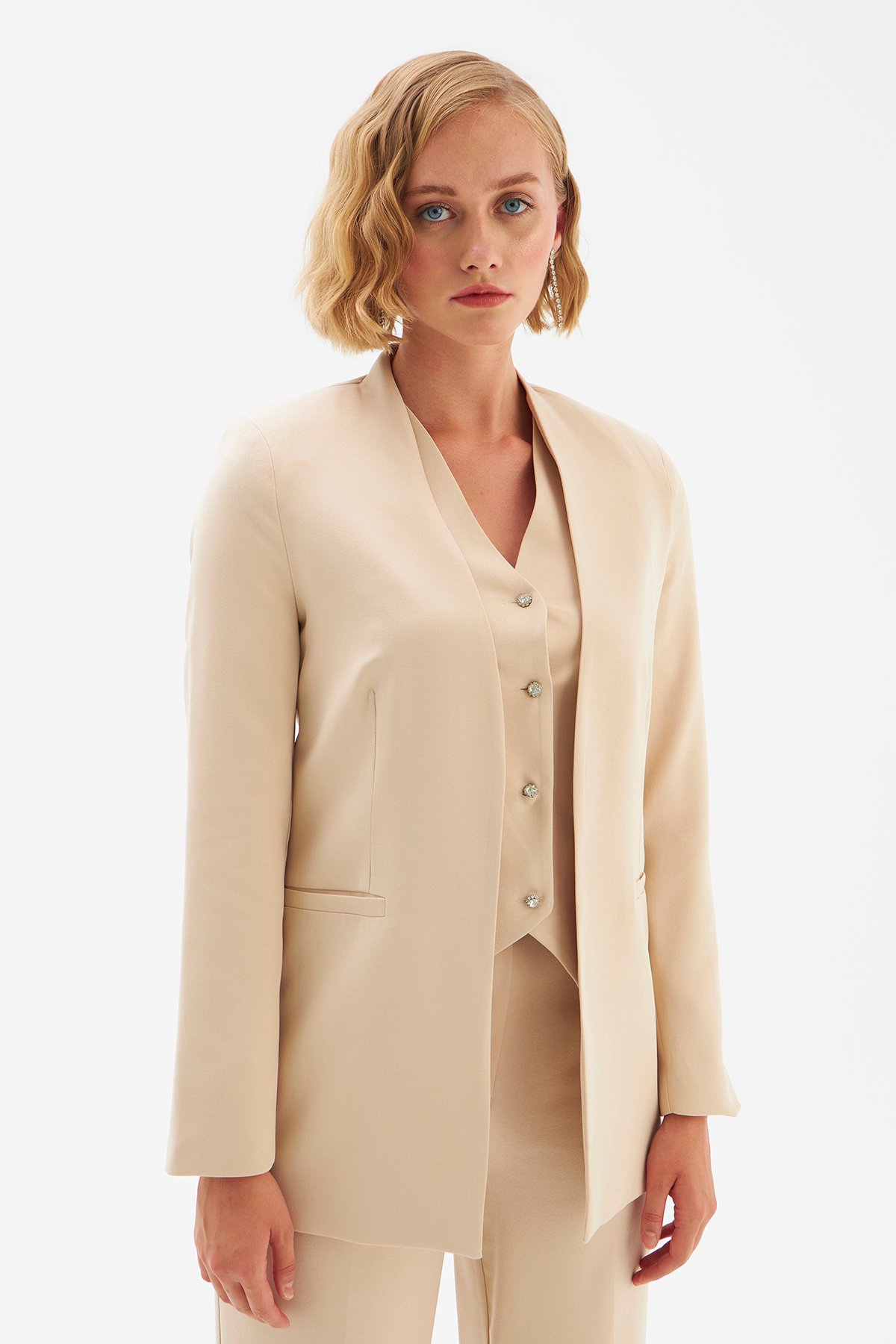 Düz Yaka Uzun Ceket - BEJ