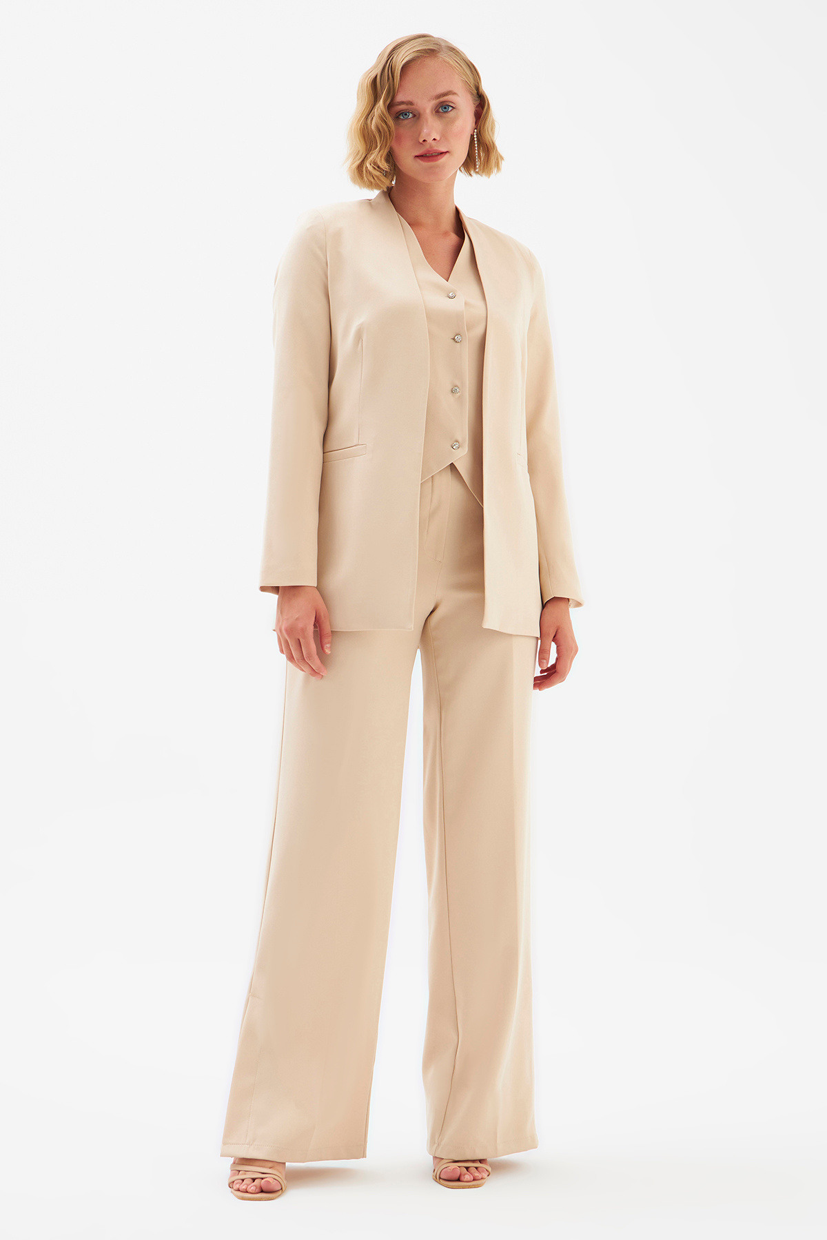 Düz Yaka Uzun Ceket - BEJ