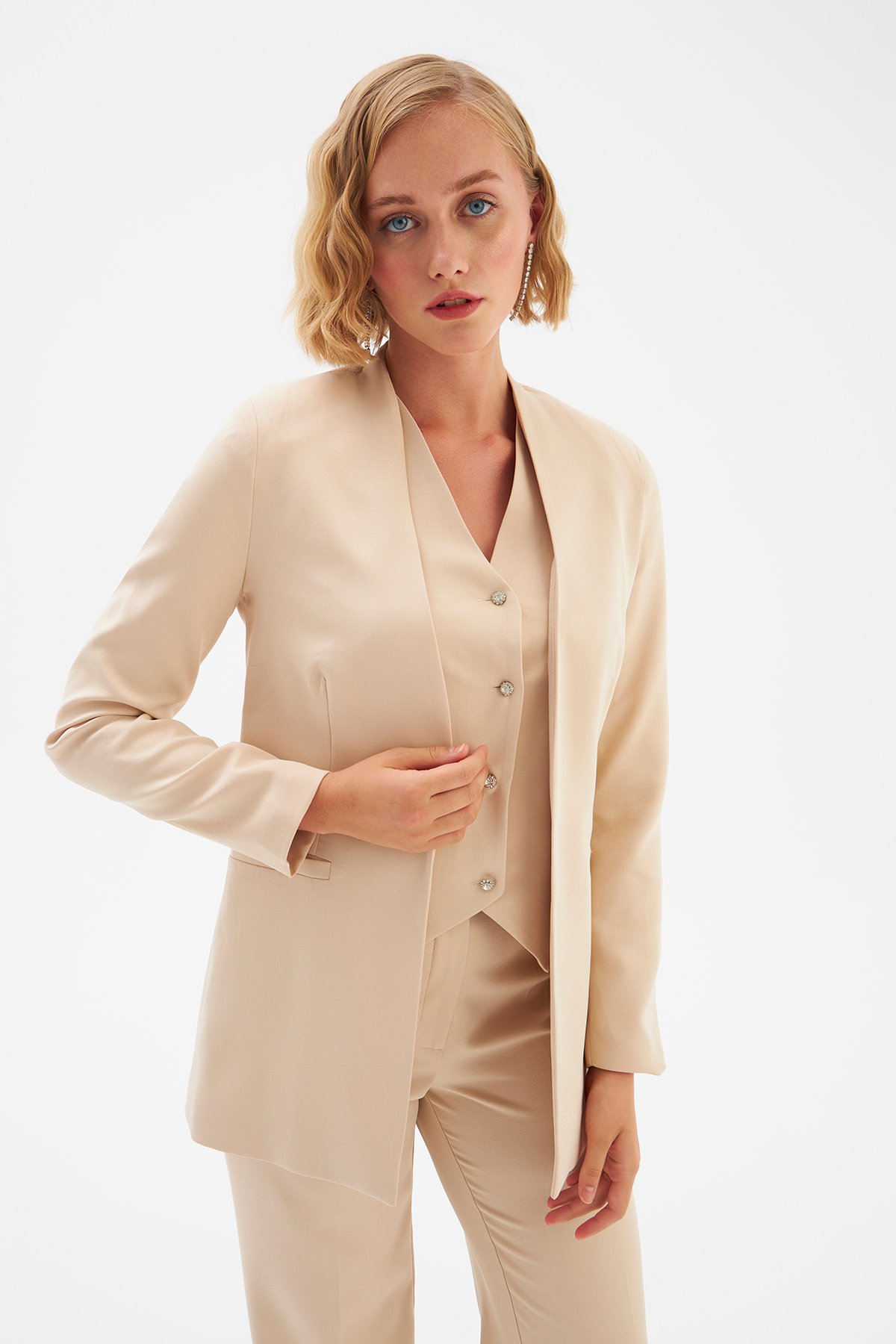 Düz Yaka Uzun Ceket - BEJ