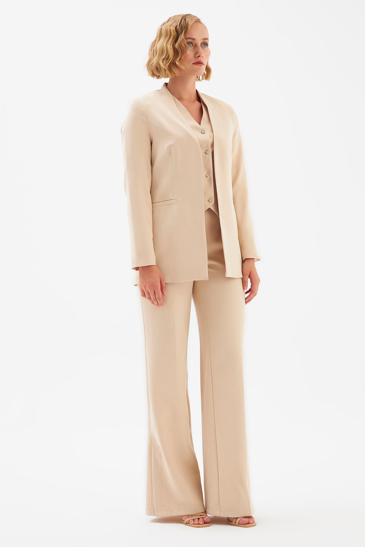 Düz Yaka Uzun Ceket - BEJ