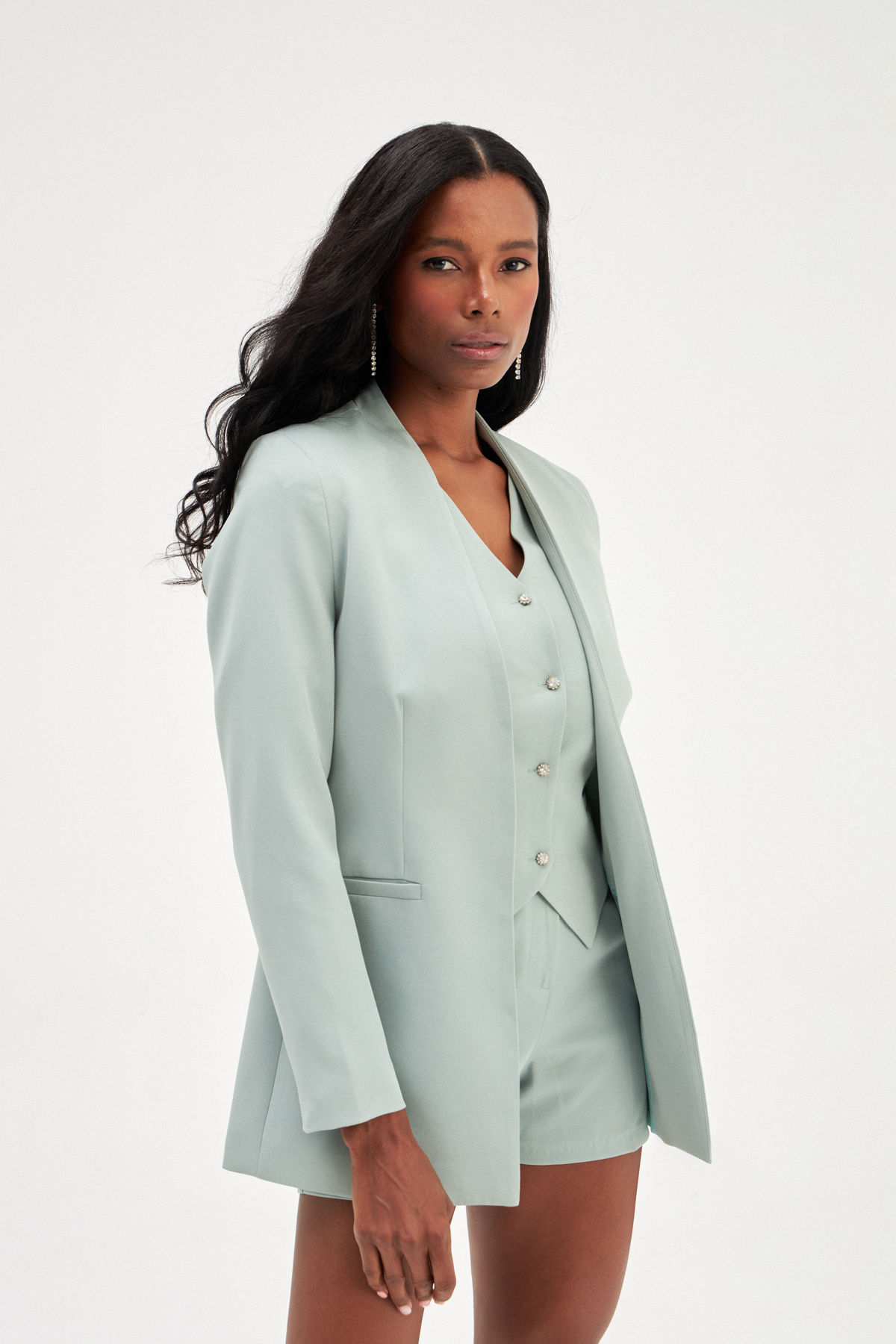 Düz Yaka Uzun Ceket - ÇAĞLA YEŞİLİ