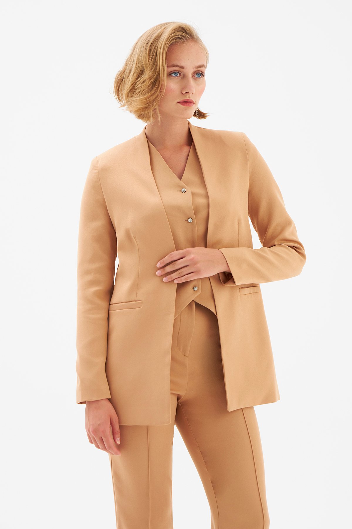 Düz Yaka Uzun Ceket - CAMEL