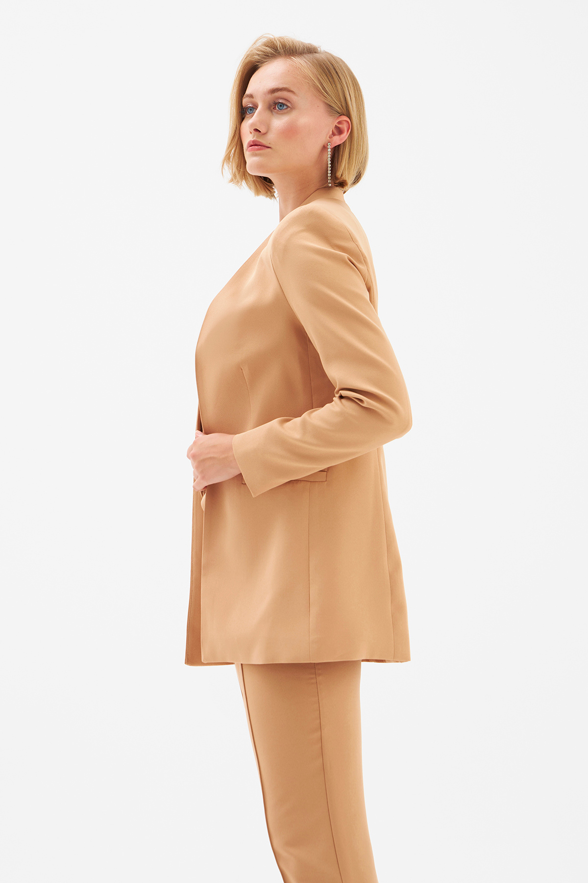 Düz Yaka Uzun Ceket - CAMEL