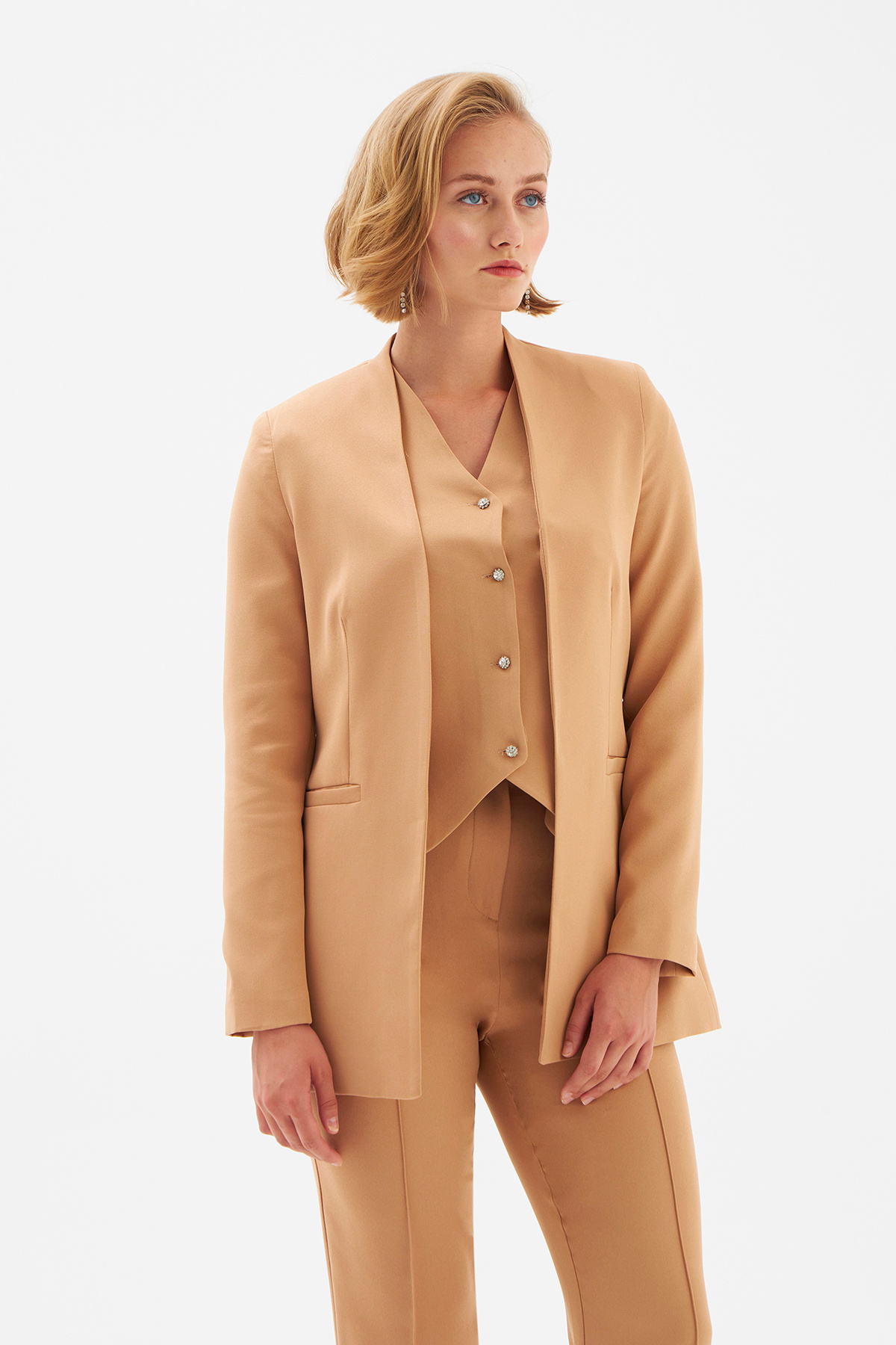 Düz Yaka Uzun Ceket - CAMEL