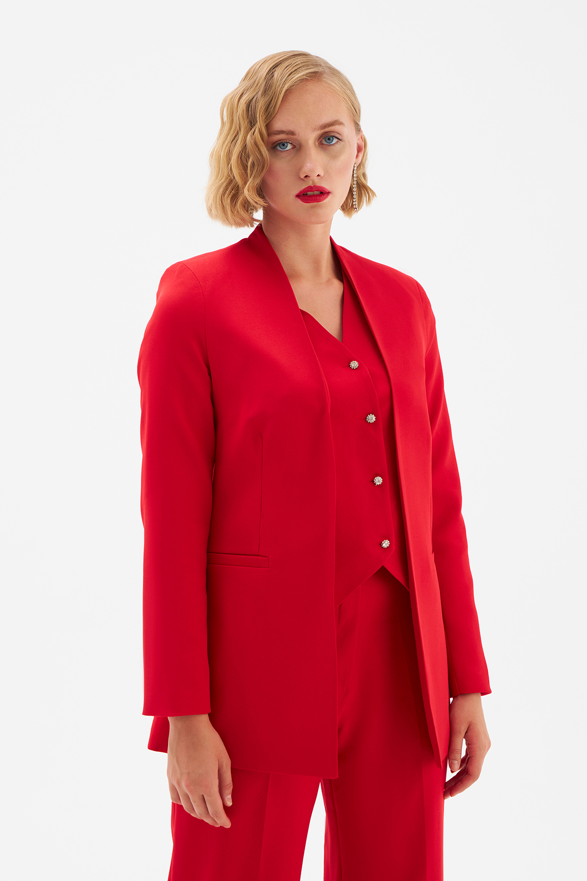 Düz Yaka Uzun Ceket - KIRMIZI