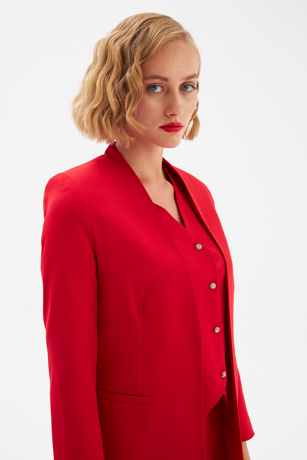 Düz Yaka Uzun Ceket - KIRMIZI