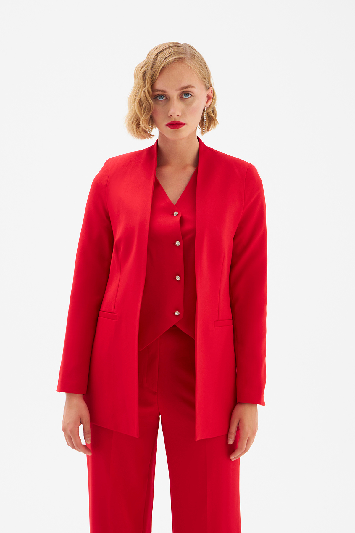 Düz Yaka Uzun Ceket - KIRMIZI