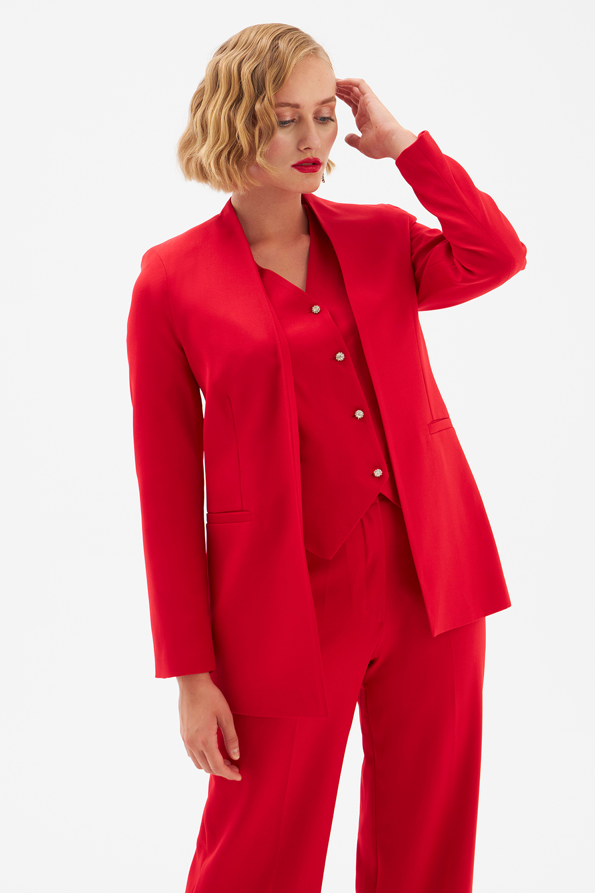 Düz Yaka Uzun Ceket - KIRMIZI