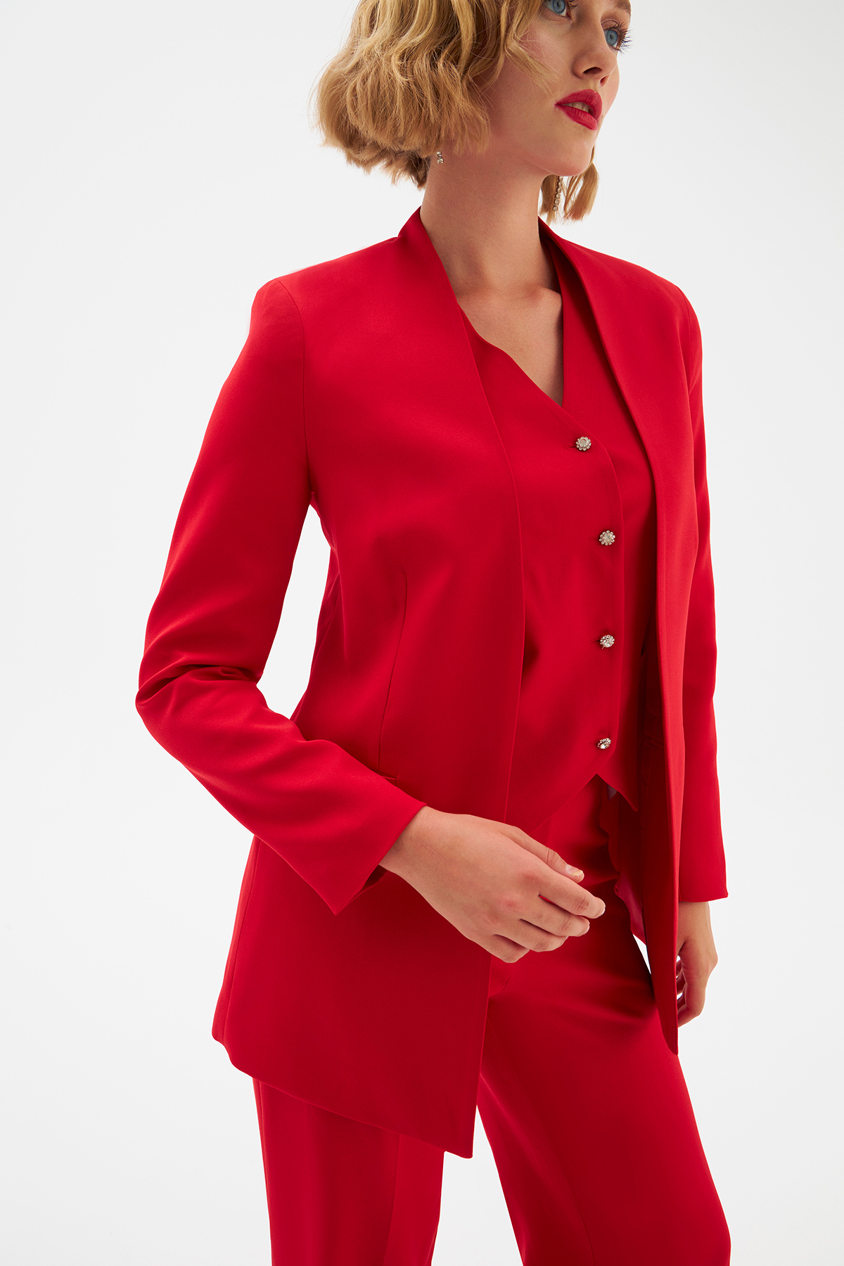 Düz Yaka Uzun Ceket - KIRMIZI